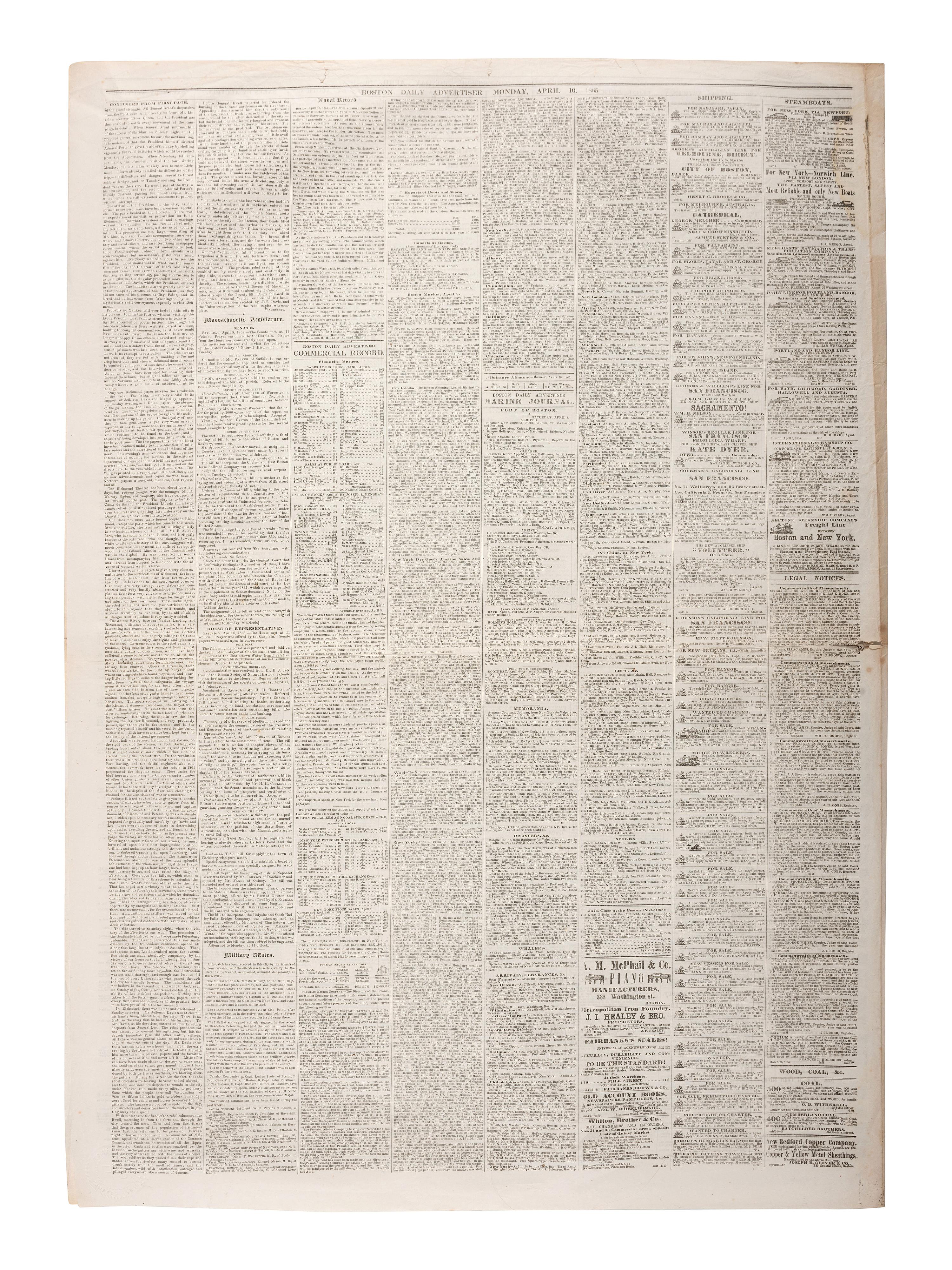 [CIVIL WAR - APPOMATTOX COURT HOUSE]. Boston Daily Advertiser. Vol. 105, No. 85. Boston, MA: Charles Hale & Co., 10 April 1865.