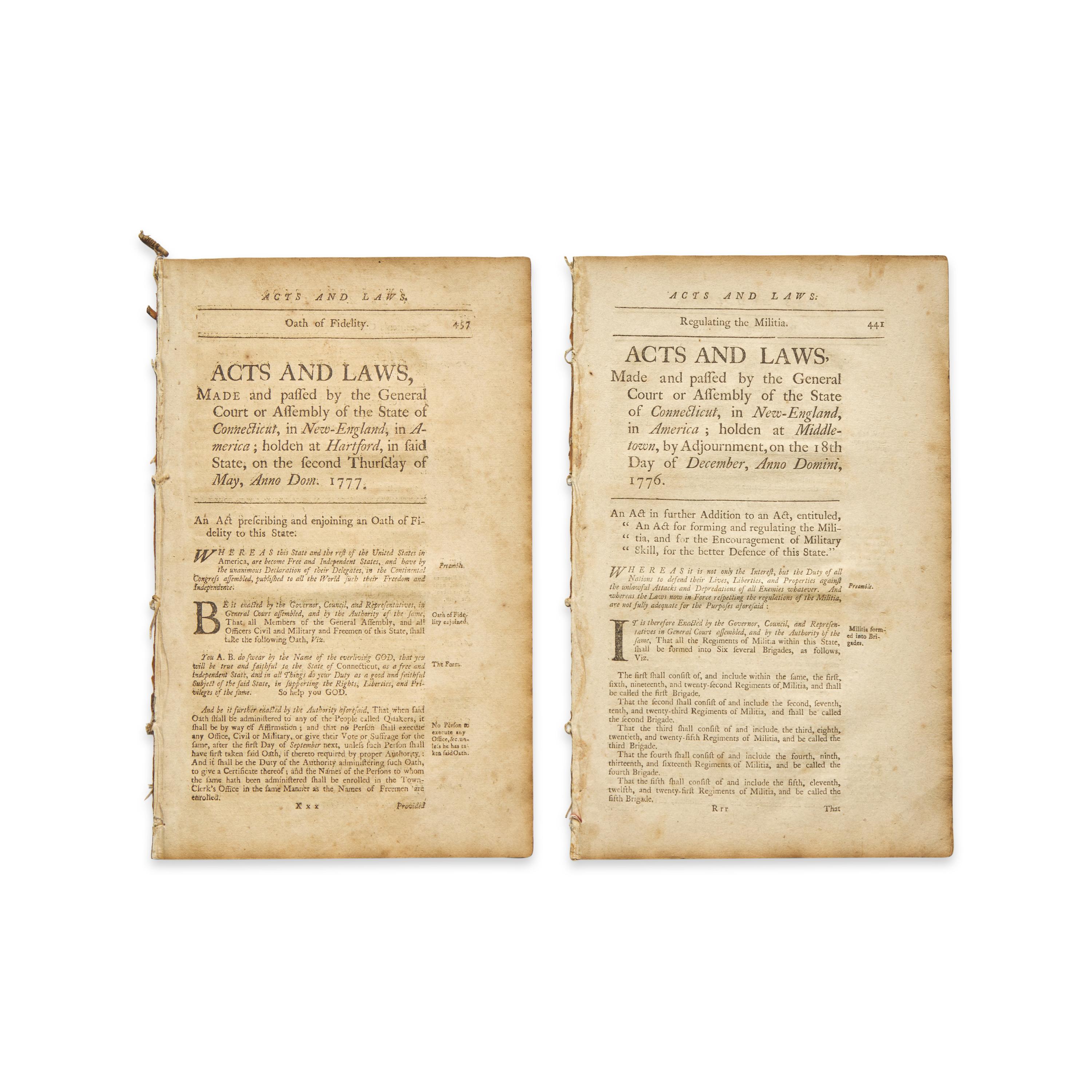 *[American Revolution] Acts and Laws Made and passed by the General Court or Assembly of the States of Connecticut...on the 18th Day of December...1776 and second Thursday of May...1777
