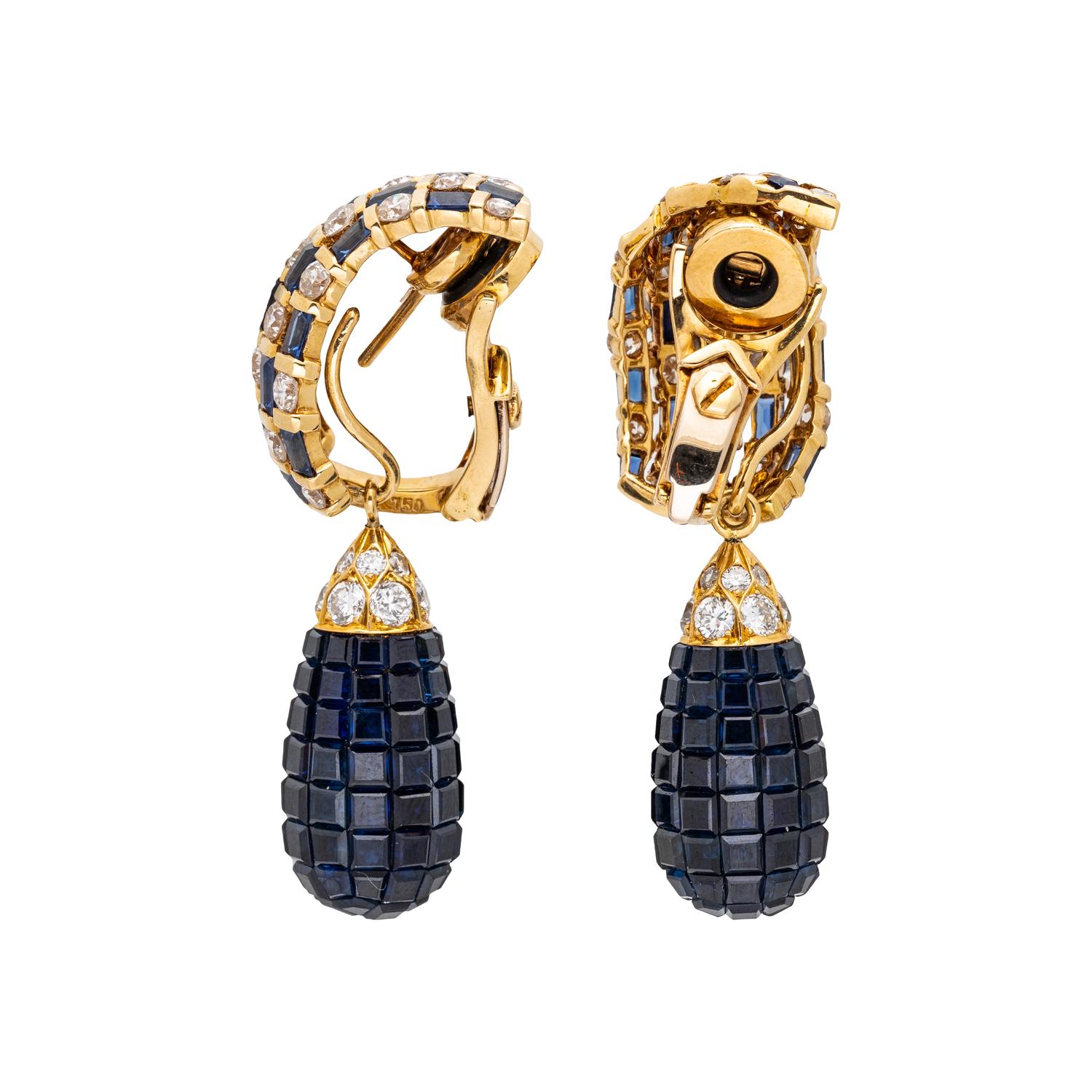 YELLOW GOLD, SAPPHIRE AND DIAMOND CONVERTIBLE CLIP EARRINGS
