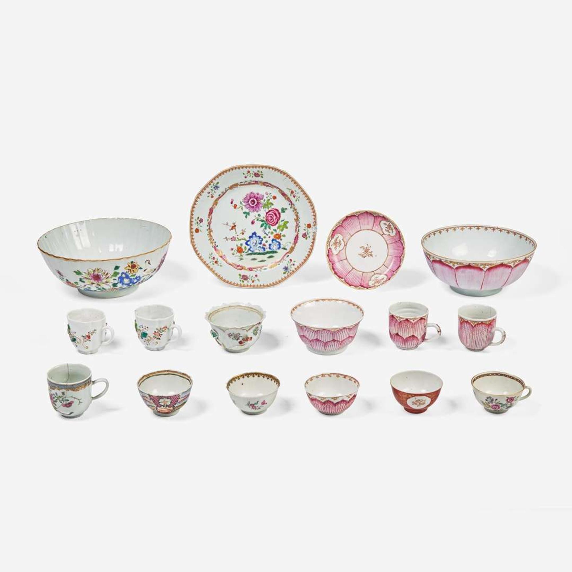 An assorted group of sixteen Chinese Export porcelain Rose Mandarin and lotus tablewares 18th century
