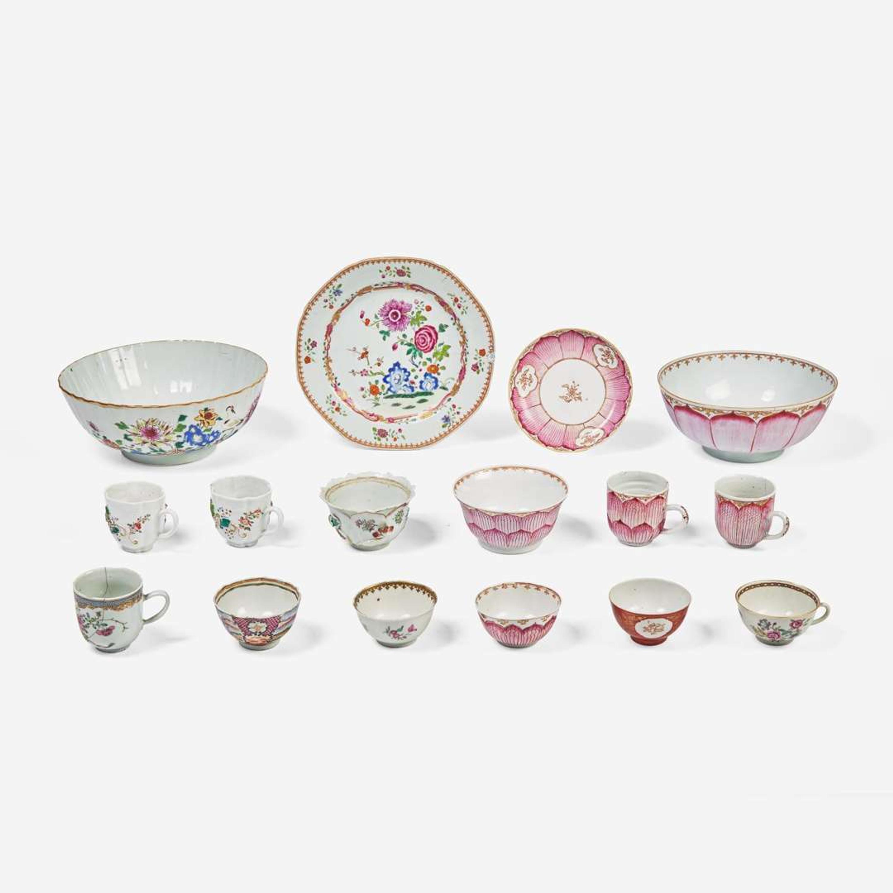 An assorted group of sixteen Chinese Export porcelain Rose Mandarin and lotus tablewares 18th century
