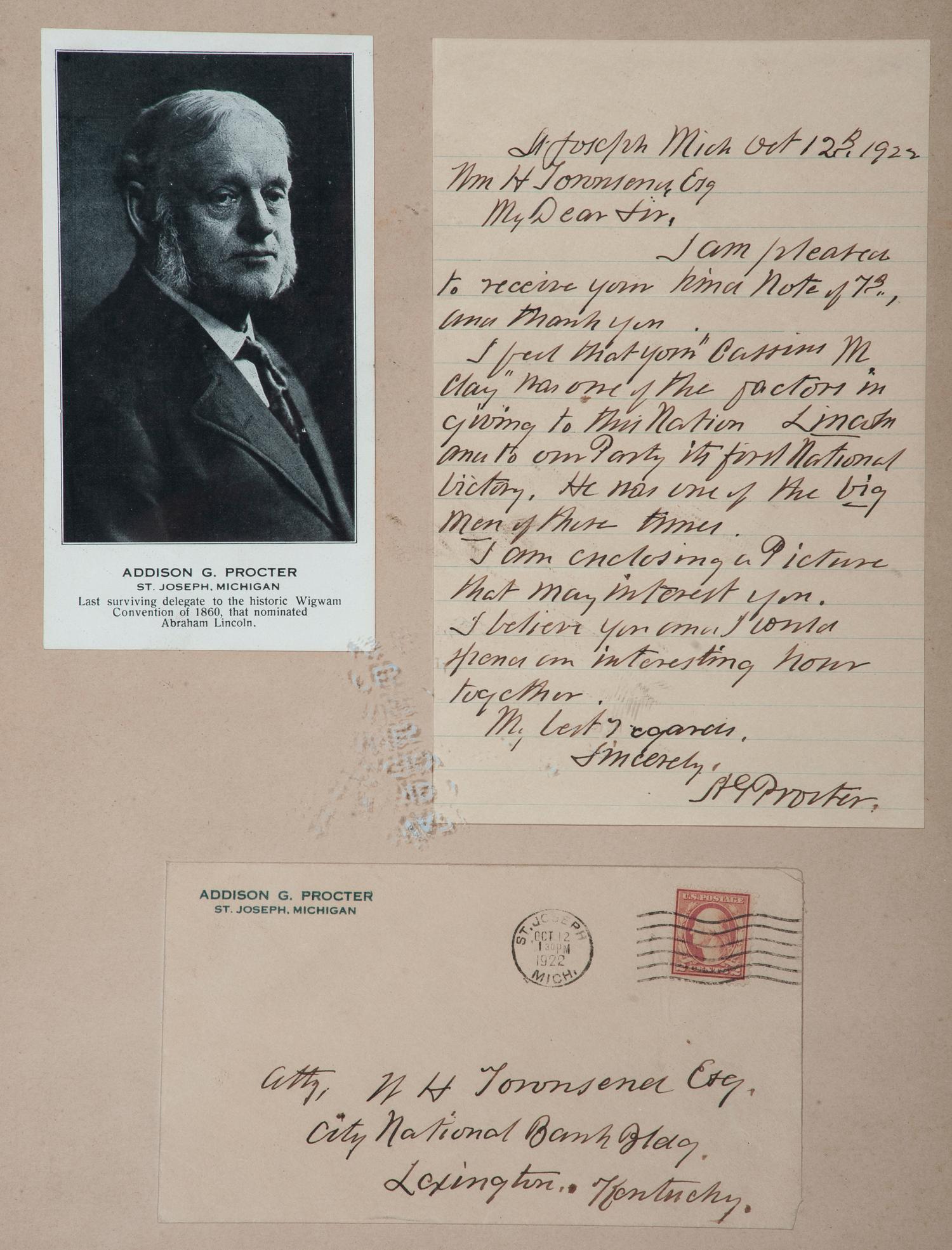 PROCTER, Addison G. (1838-1925). Autograph letter signed ("AG Procter") to William H. Townsend. St. Joseph, Michigan, 12 October 1922.