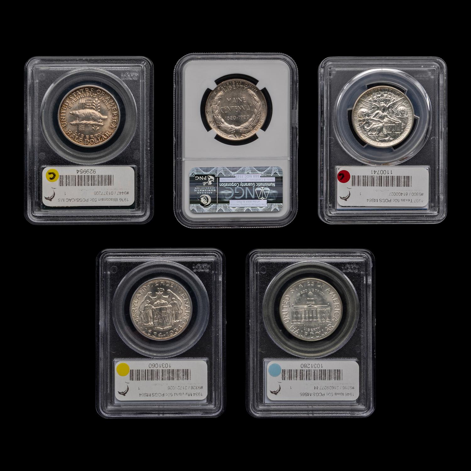 A Group of Five Graded Commemorative 50c Coins