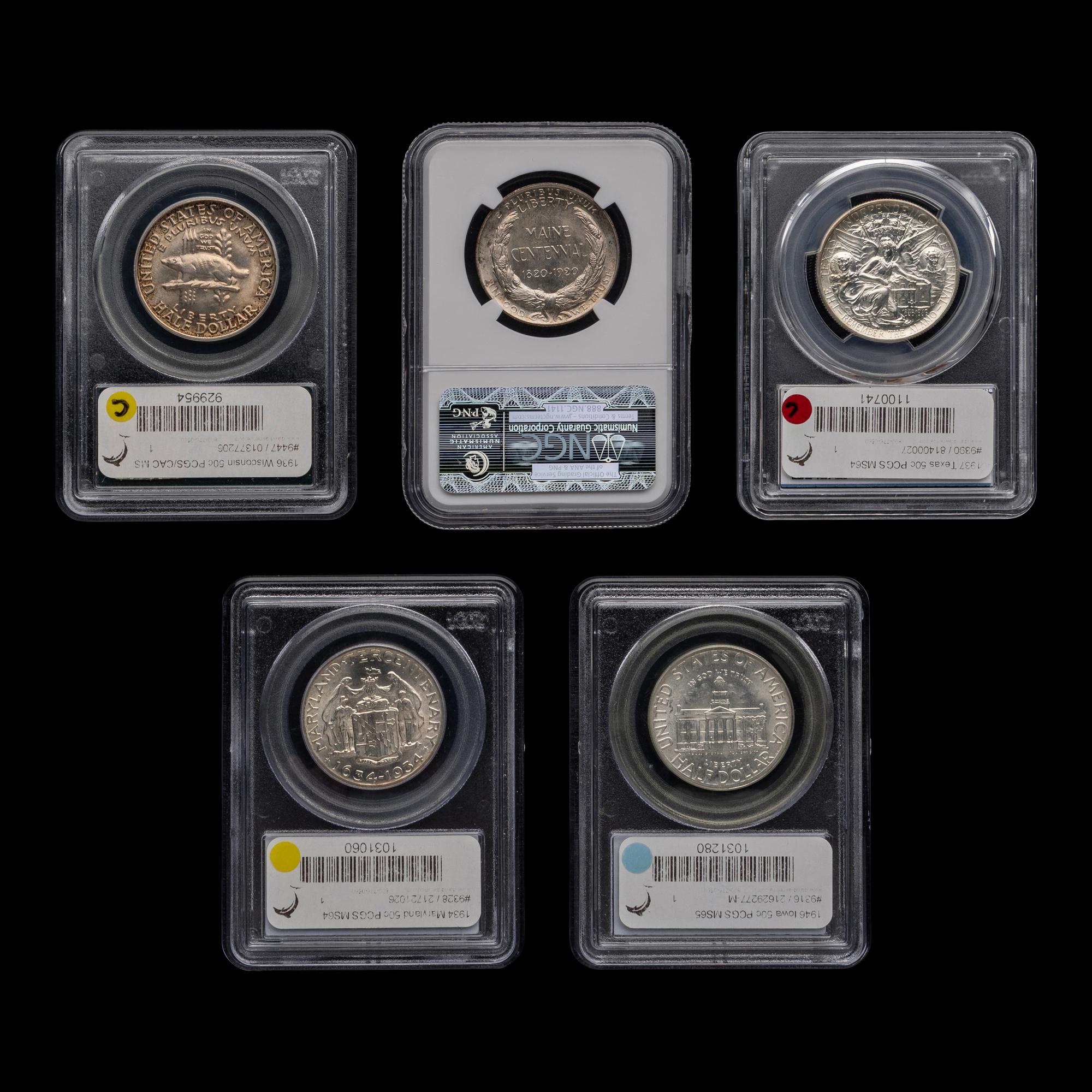 A Group of Five Graded Commemorative 50c Coins