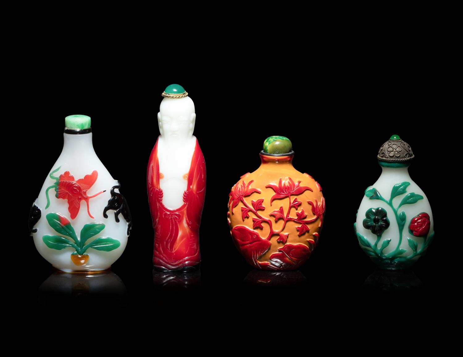 Four Chinese Glass Overlay Snuff Bottles