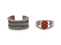 Zuni Silver, Turquoise, and Coral Cuff Bracelets