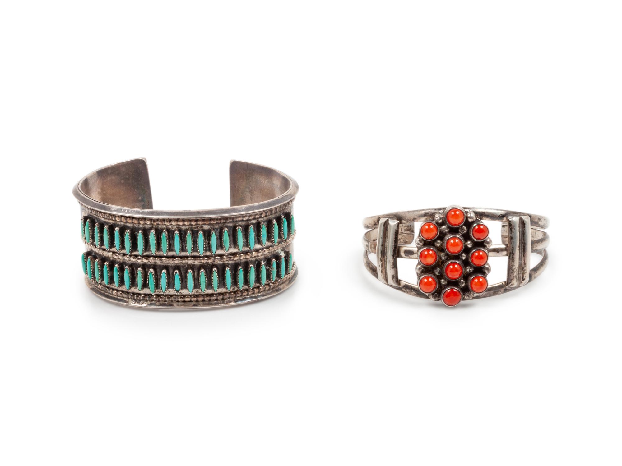 Zuni Silver, Turquoise, and Coral Cuff Bracelets