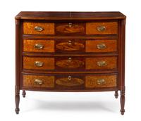 An American Mahogany and Bird's Eye Maple Bow Front Chest of Drawers Height 38 x width 43 x depth 22 1/4 inches. — NEW ENGLAND, 19TH CENTURY WITH LATER ALTERATIONS