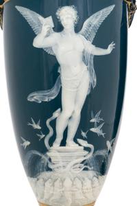 A Fine Pair of Mintons Pâte-sur-Pâte Peacock Blue-Ground Vases