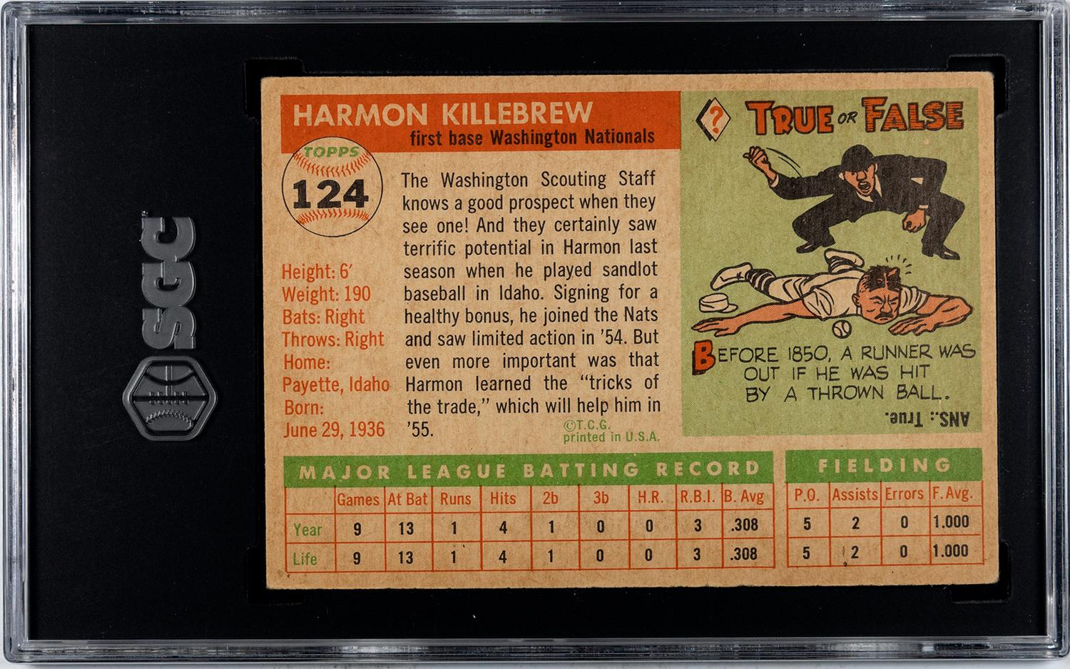 A 1955 Topps Harmon Killebrew Rookie Baseball Card No. 124 (SGC 5.5 EX+)