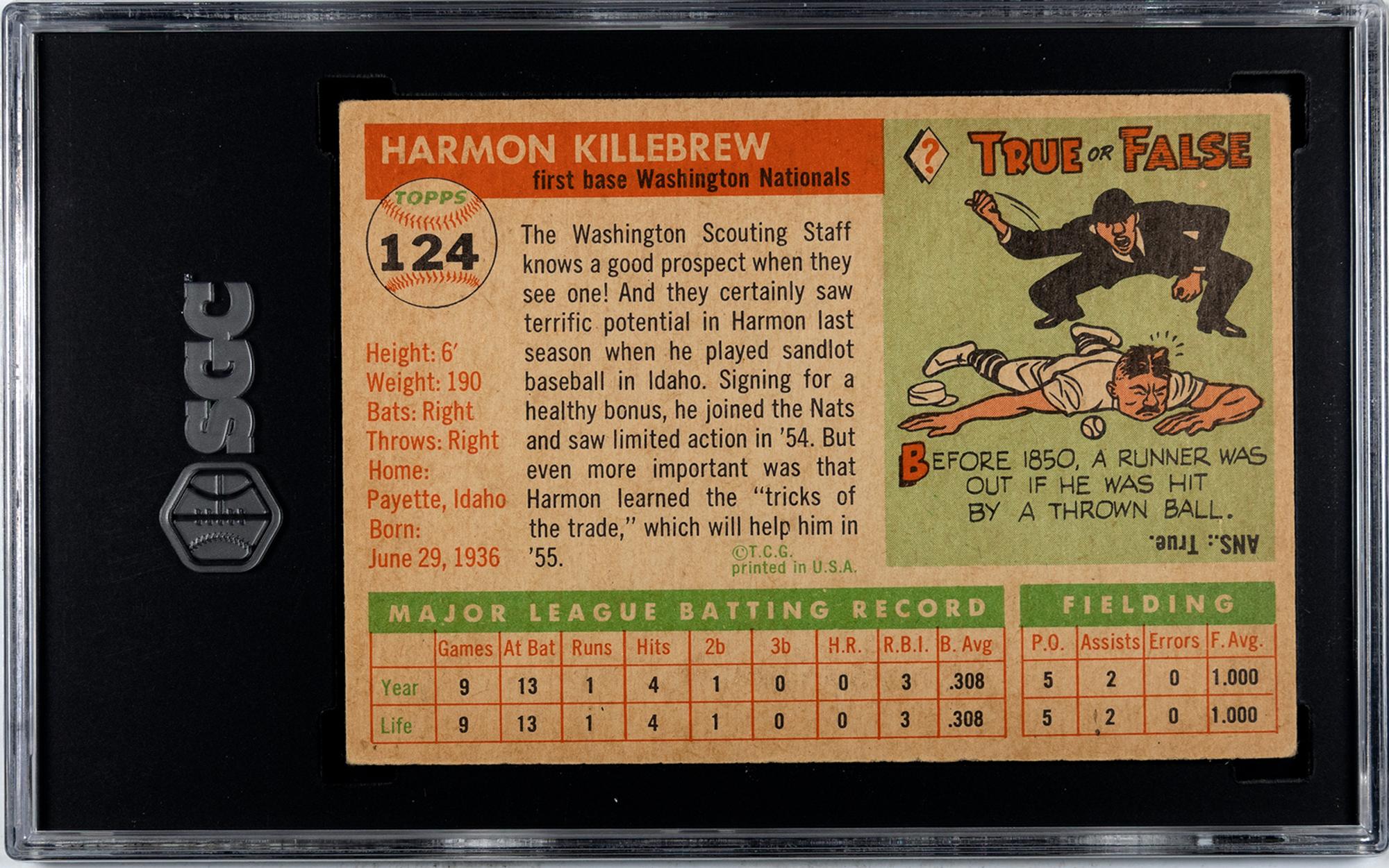 A 1955 Topps Harmon Killebrew Rookie Baseball Card No. 124 (SGC 5.5 EX+)