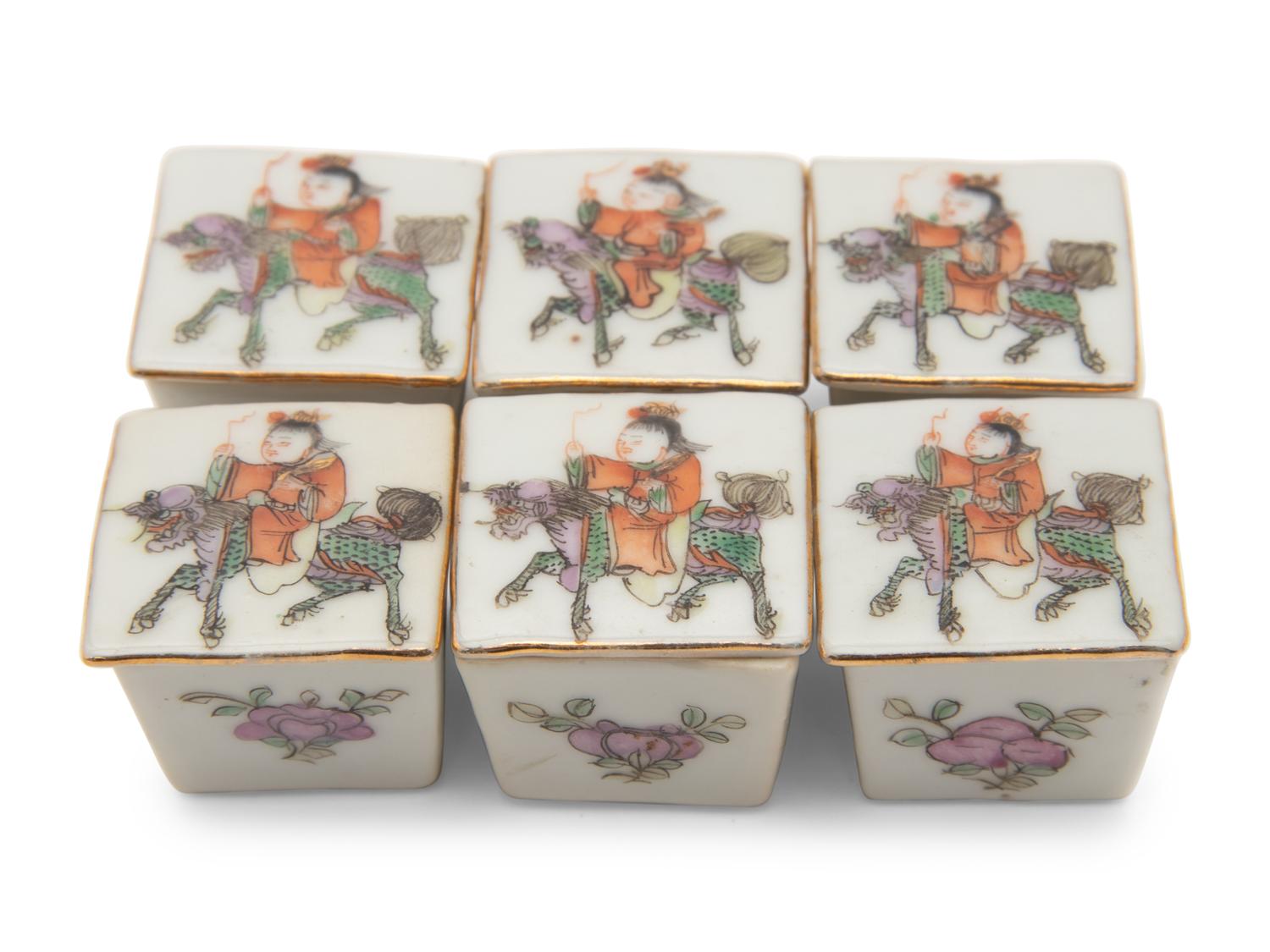 A Set of Six Small Chinese Famille Rose Porcelain Covered Boxes