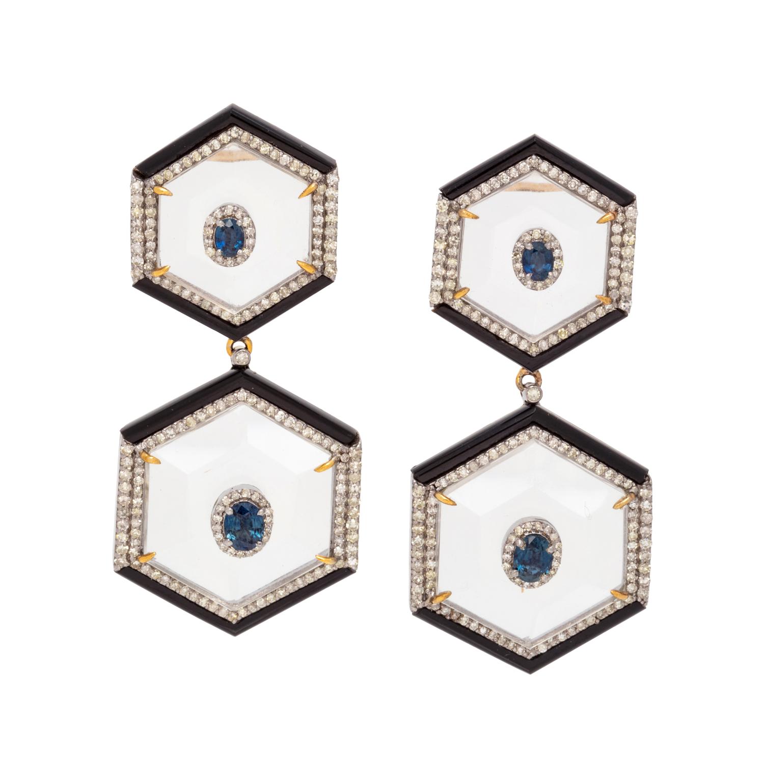 ROCK CRYSTAL, DIAMOND AND ONYX EARRINGS