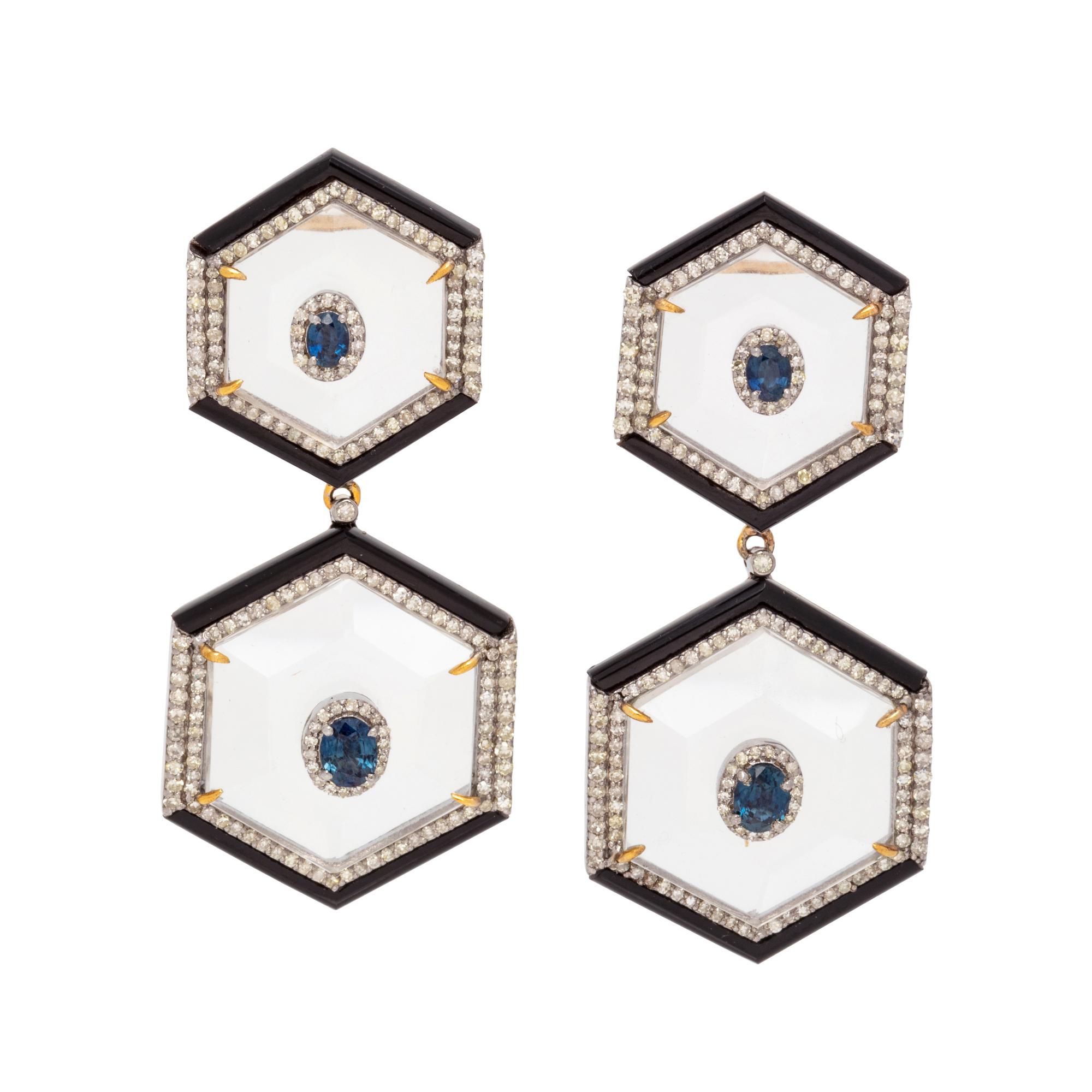 ROCK CRYSTAL, DIAMOND AND ONYX EARRINGS