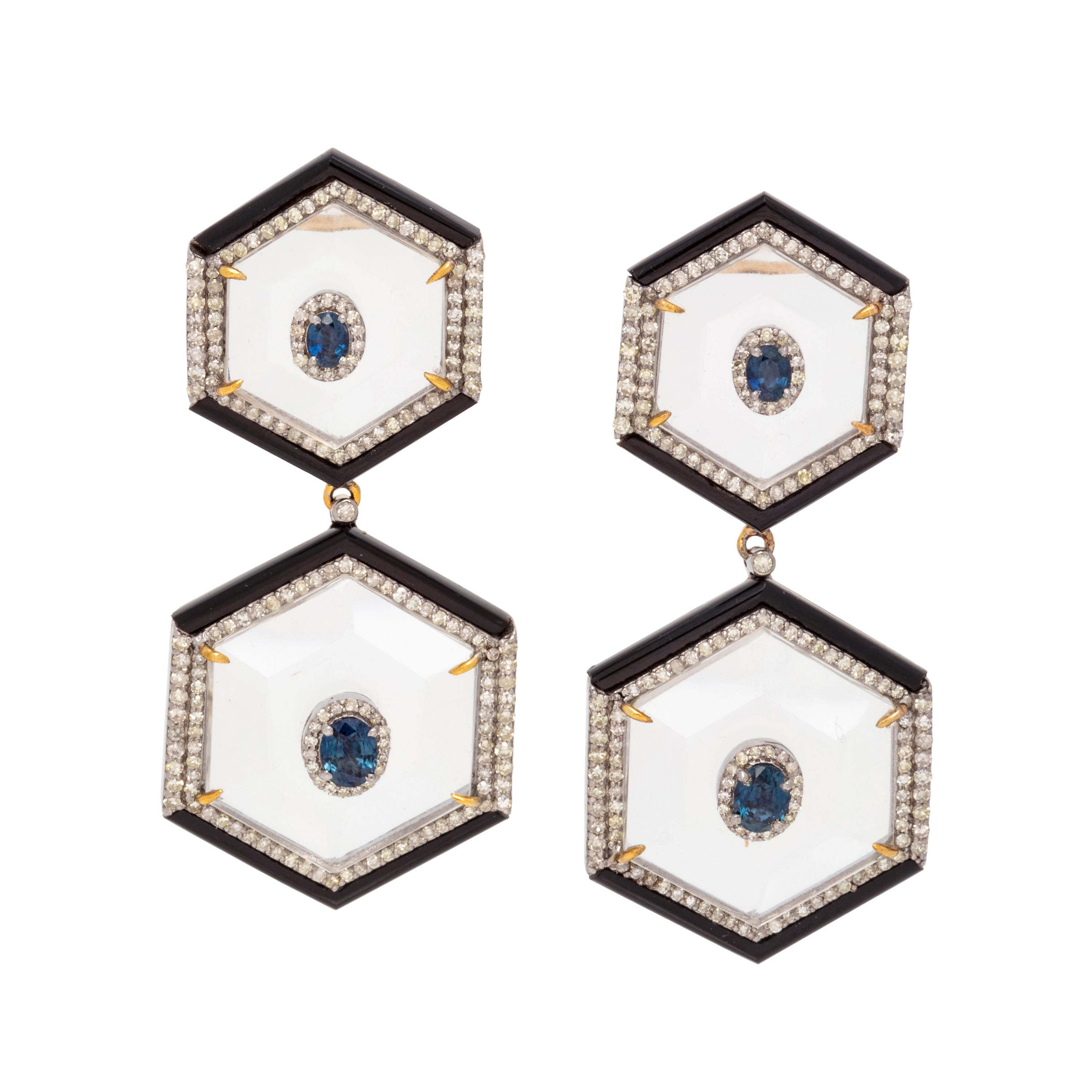 ROCK CRYSTAL, DIAMOND AND ONYX EARRINGS
