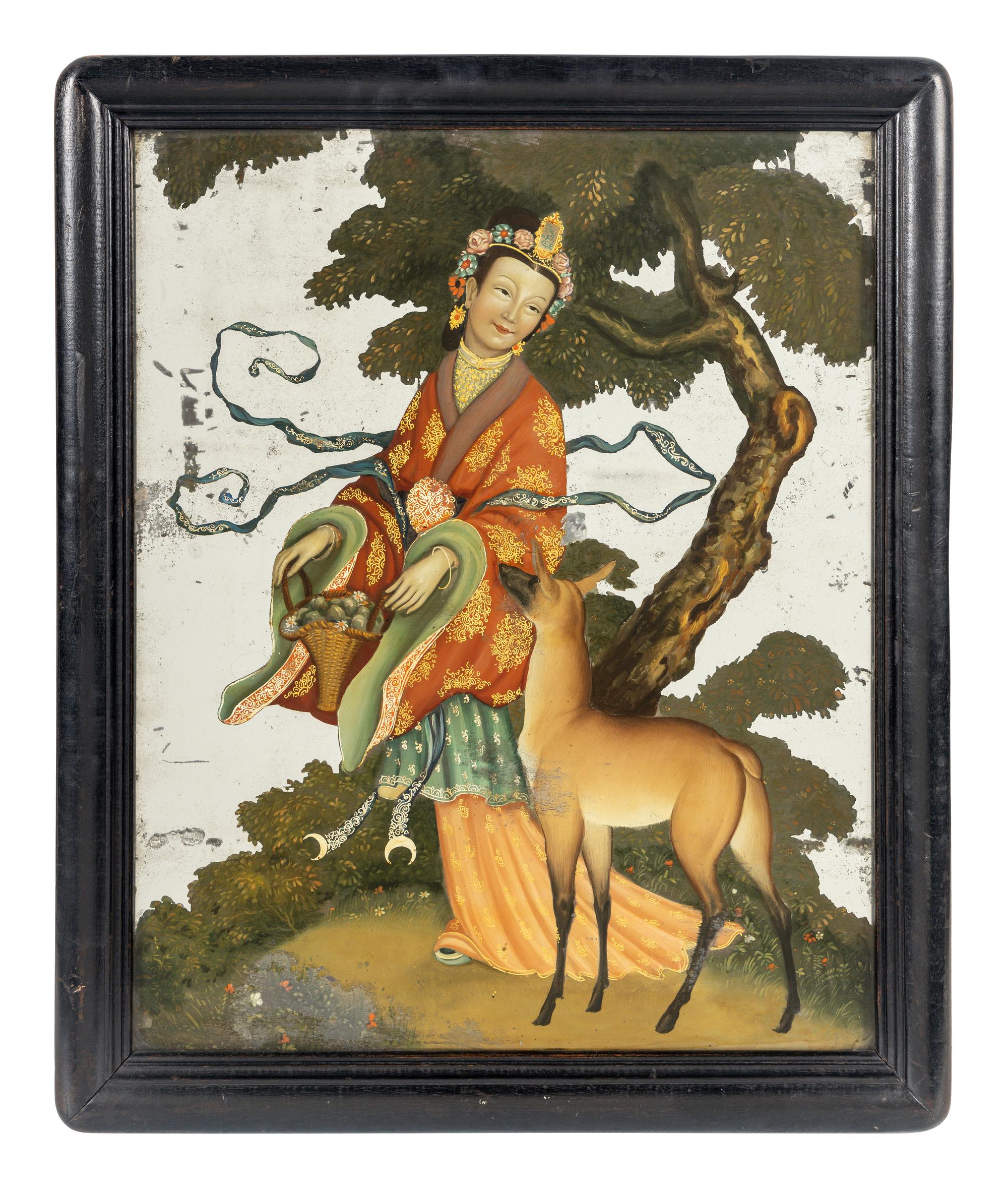 A Pair of Chinese Export Reverse-Painted Mirrors