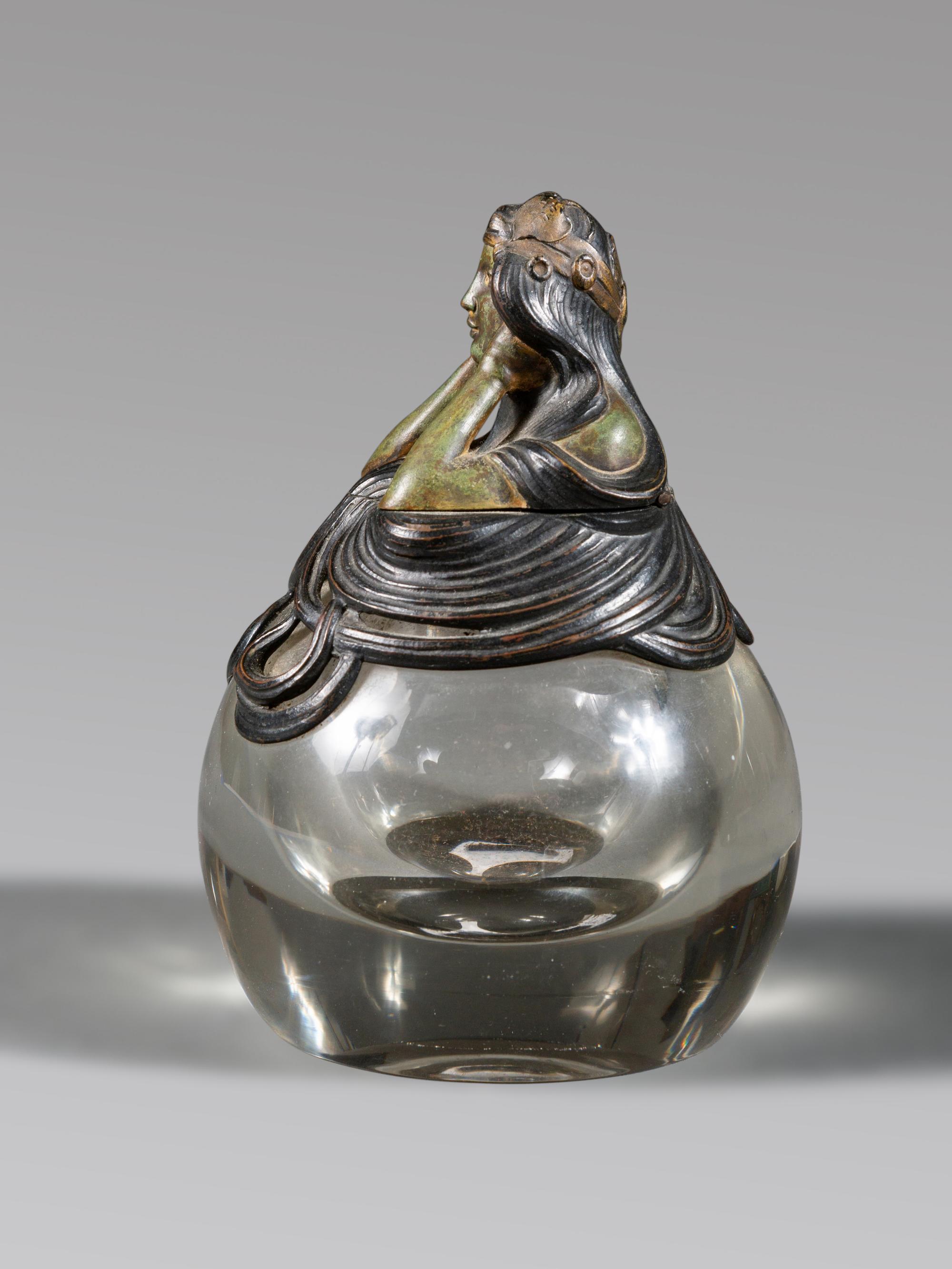 An Art Nouveau Bronze Mounted Glass Inkwell and Wall Mirror