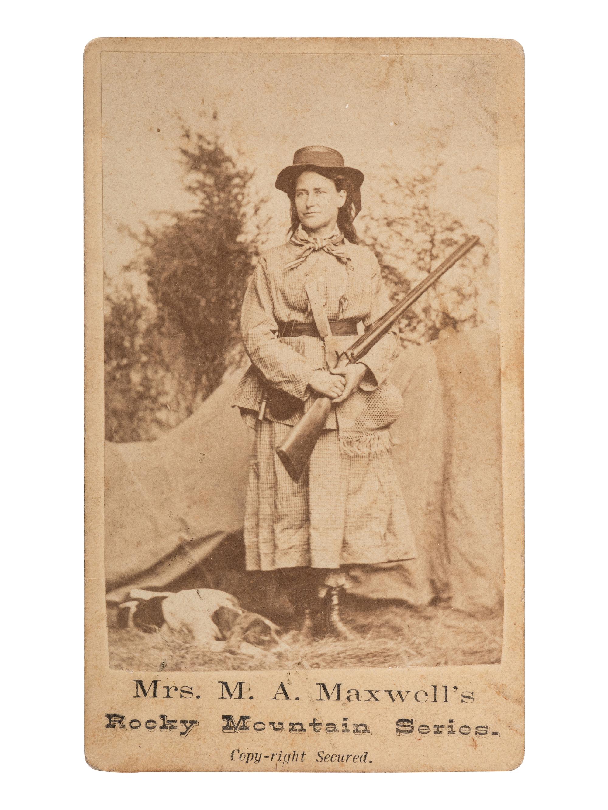 [COLORADO] -- [MAXWELL, Martha A.]. CDV of Martha A. Maxwell in hunting attire, armed with rifle. Ca 1875.