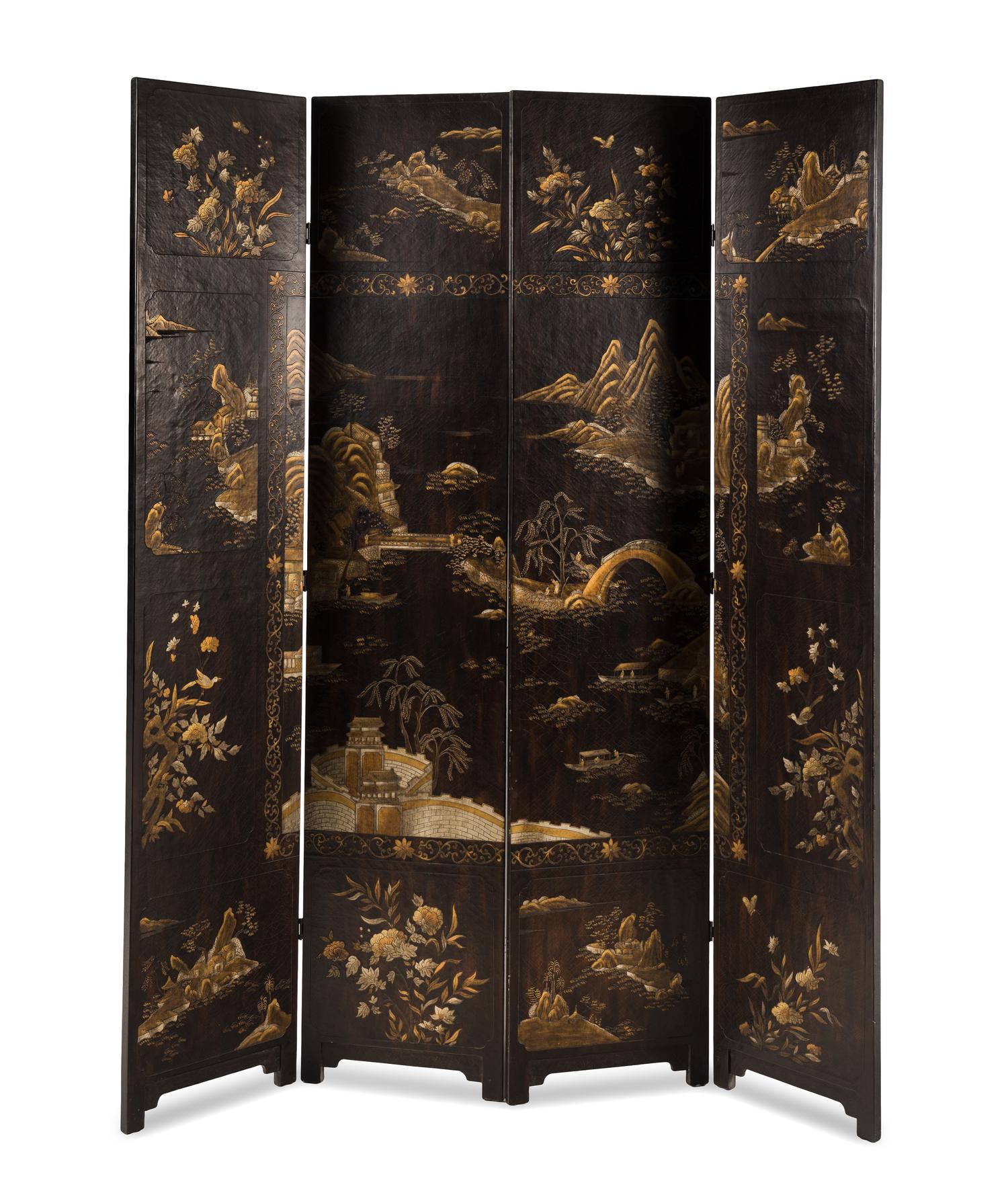 A Baker Chinoiserie-Decorated Floor Screen
