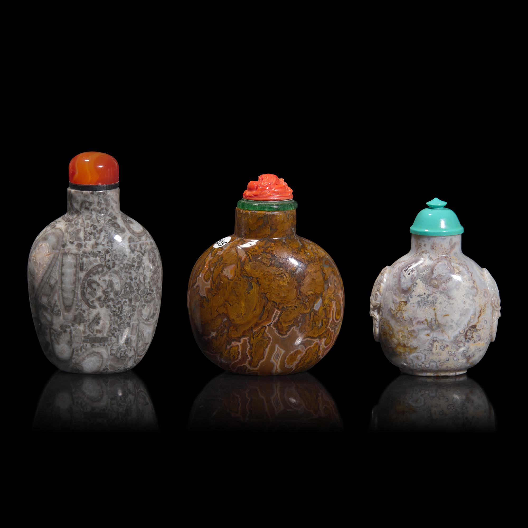 Three Chinese Agate and Fossiliferous Limestone Snuff Bottles