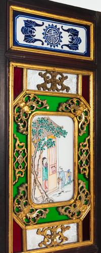 A Chinese Painted Glass Inset Gilt Decorated Hardwood Six-Panel Floor Screen