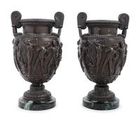A Pair of Grand Tour Cast Metal and Marble Urns
