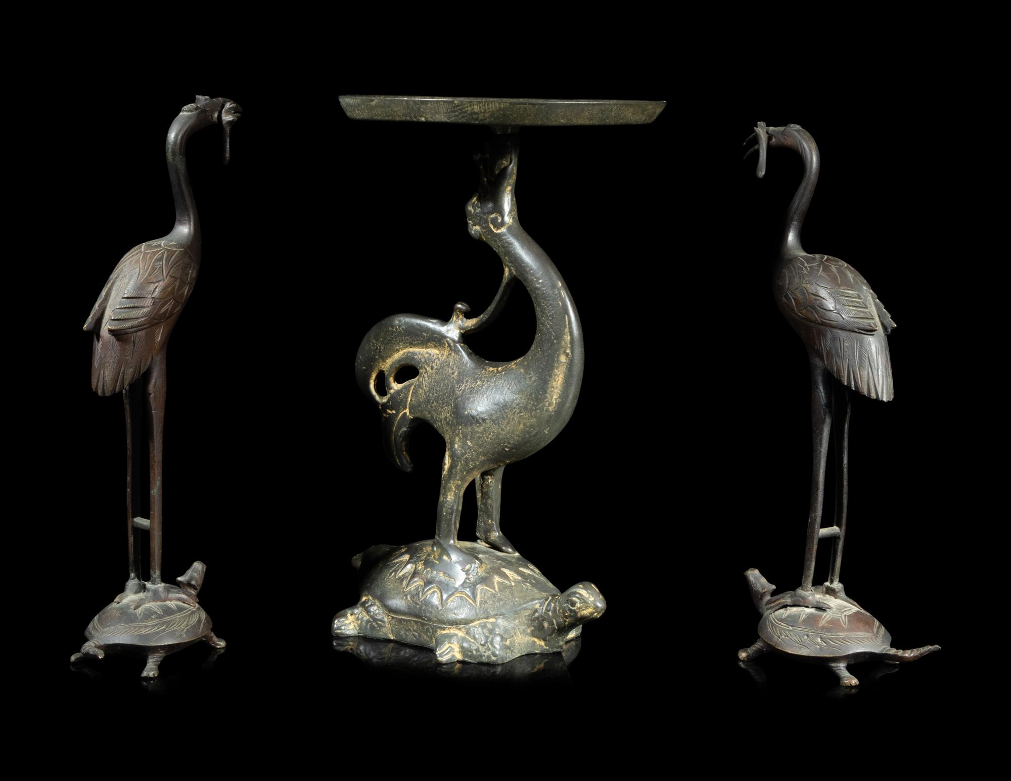Four Chinese Bronze 'Crane' Articles