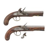 Pair of British Flintlock Pistols with Belt Hooks by Hampton
