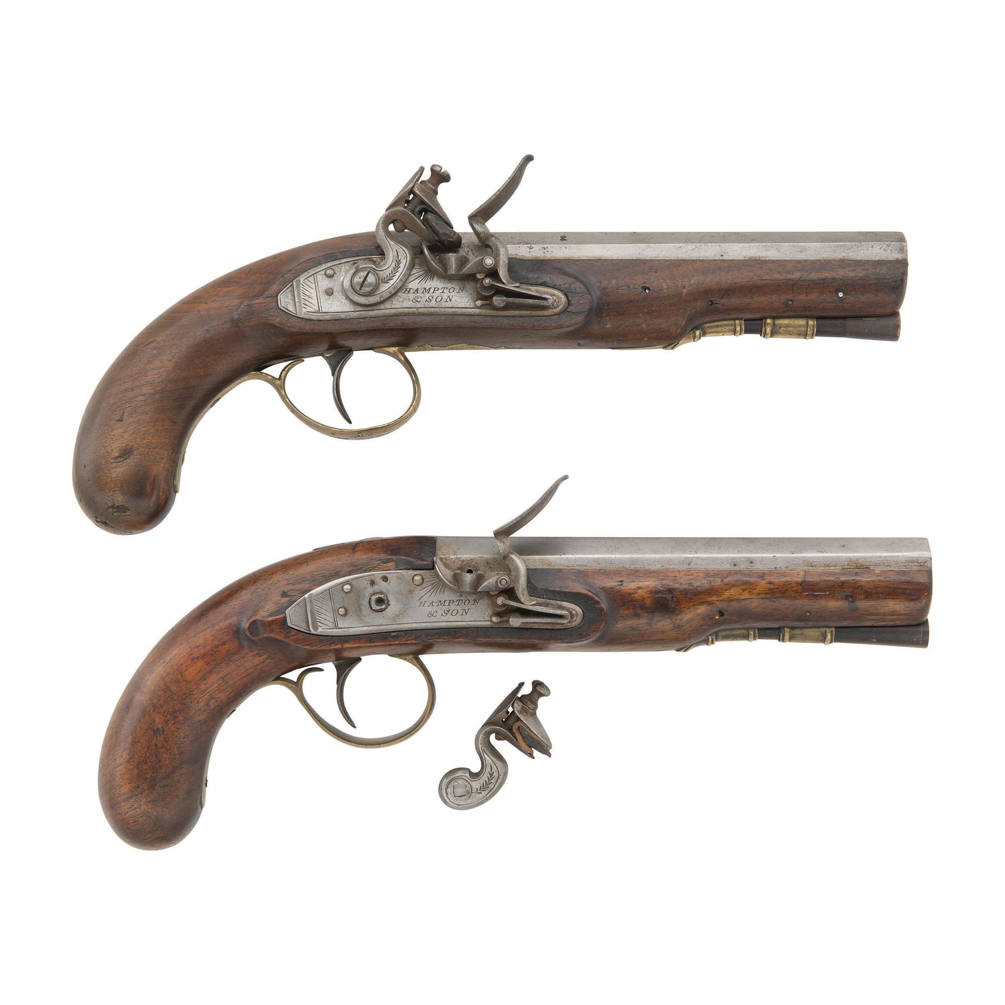Pair of British Flintlock Pistols with Belt Hooks by Hampton