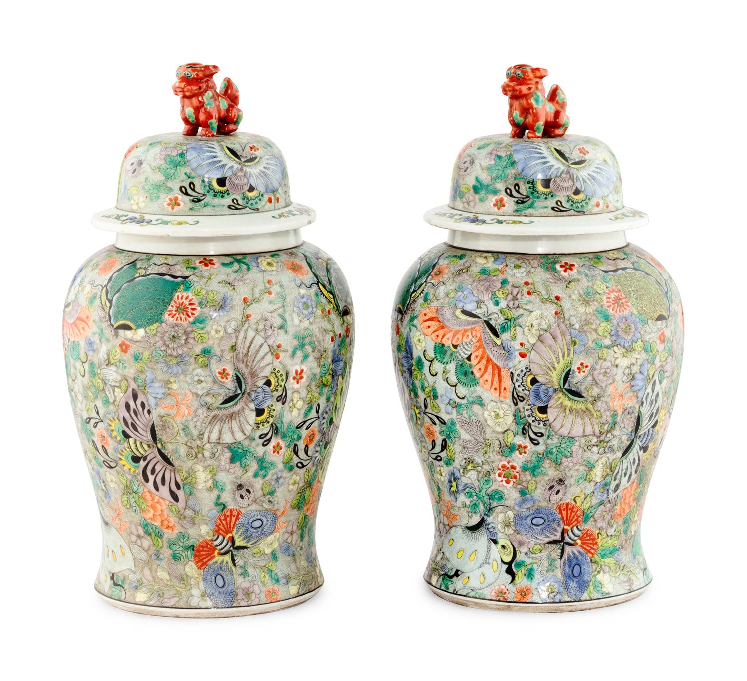 A Pair of Large Chinese Export Famille Rose Porcelain Covered Jars
