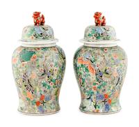 A Pair of Large Chinese Export Famille Rose Porcelain Covered Jars