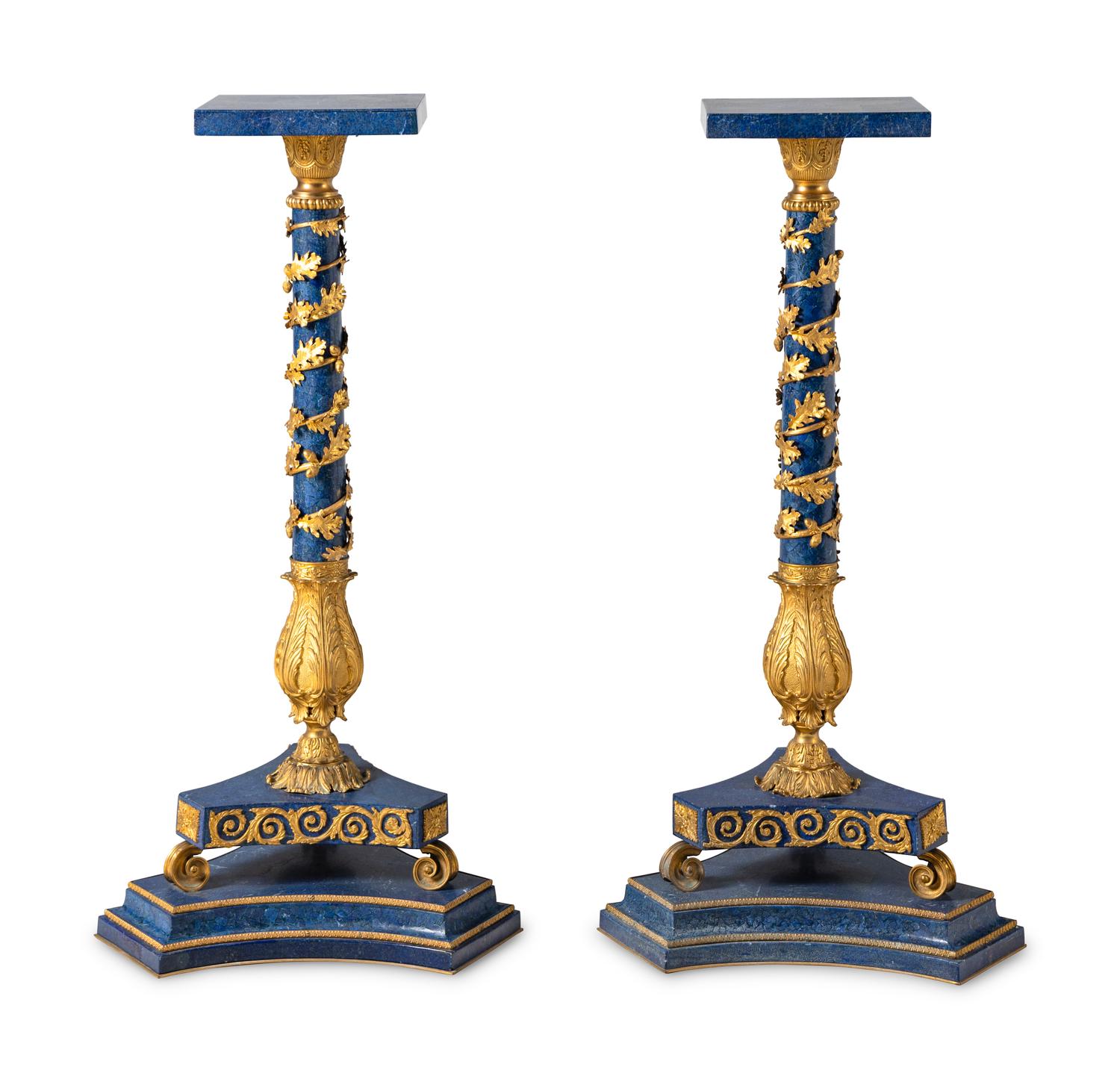 A Pair of Empire Style Gilt Bronze Mounted Lapis Lazuli Pedestals