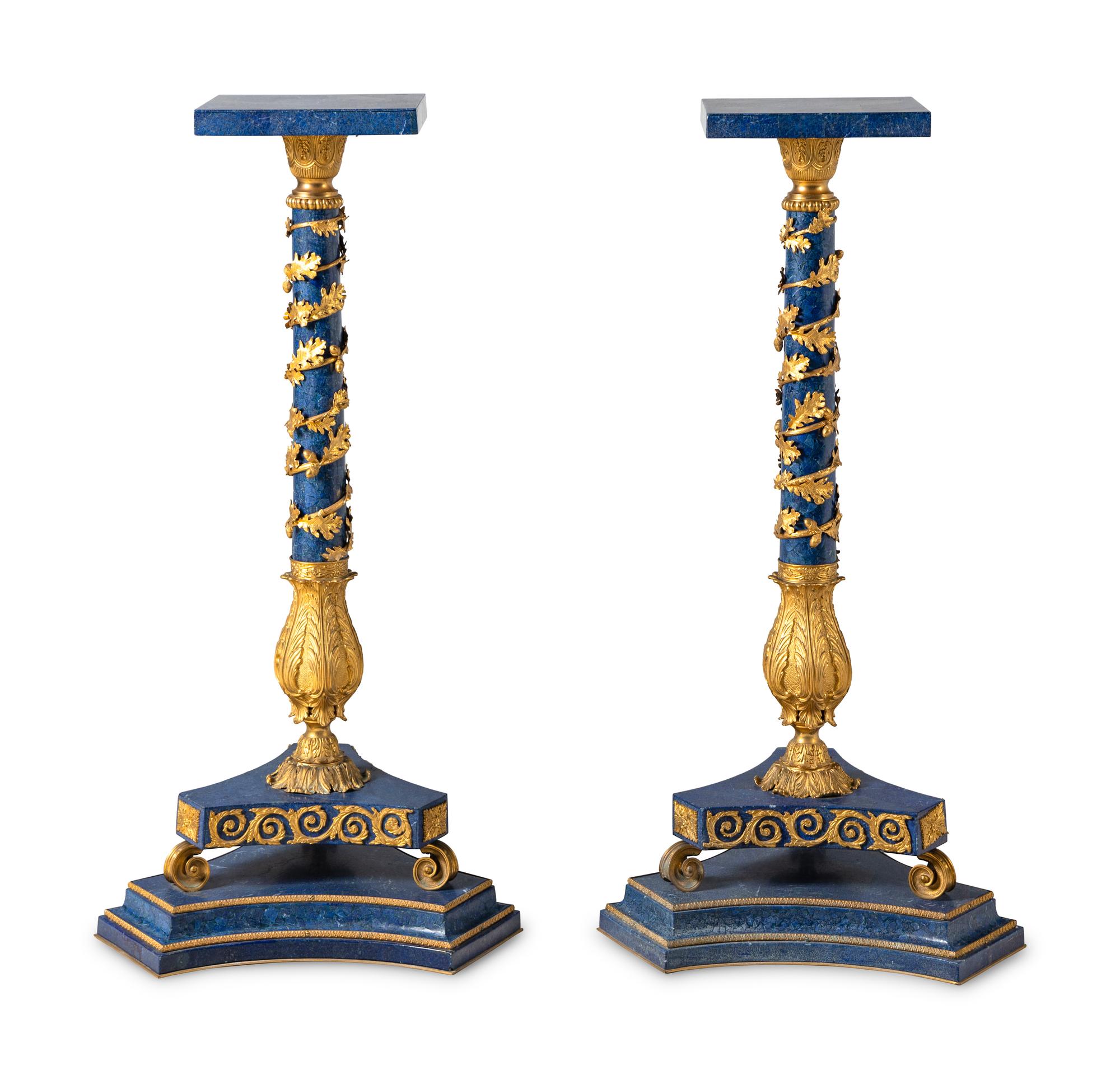 A Pair of Empire Style Gilt Bronze Mounted Lapis Lazuli Pedestals