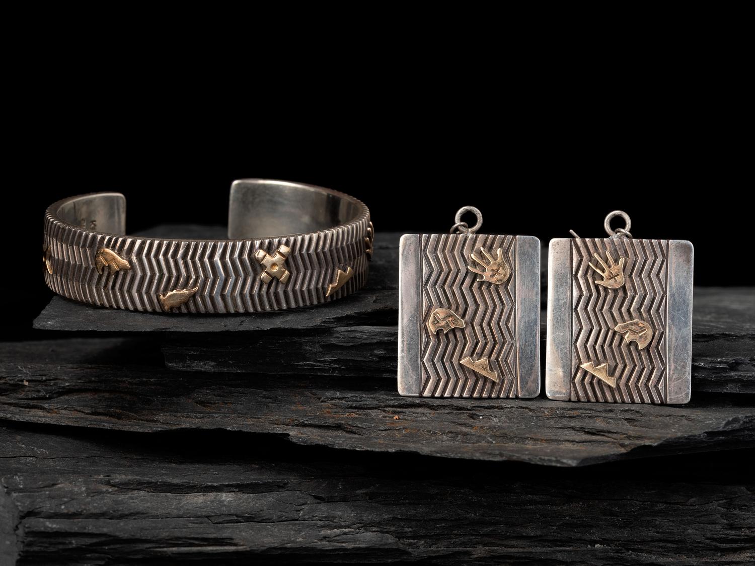 Sterling Silver Cuff Bracelet and Matching Earrings, with 14K Gold Petroglyph Accents
