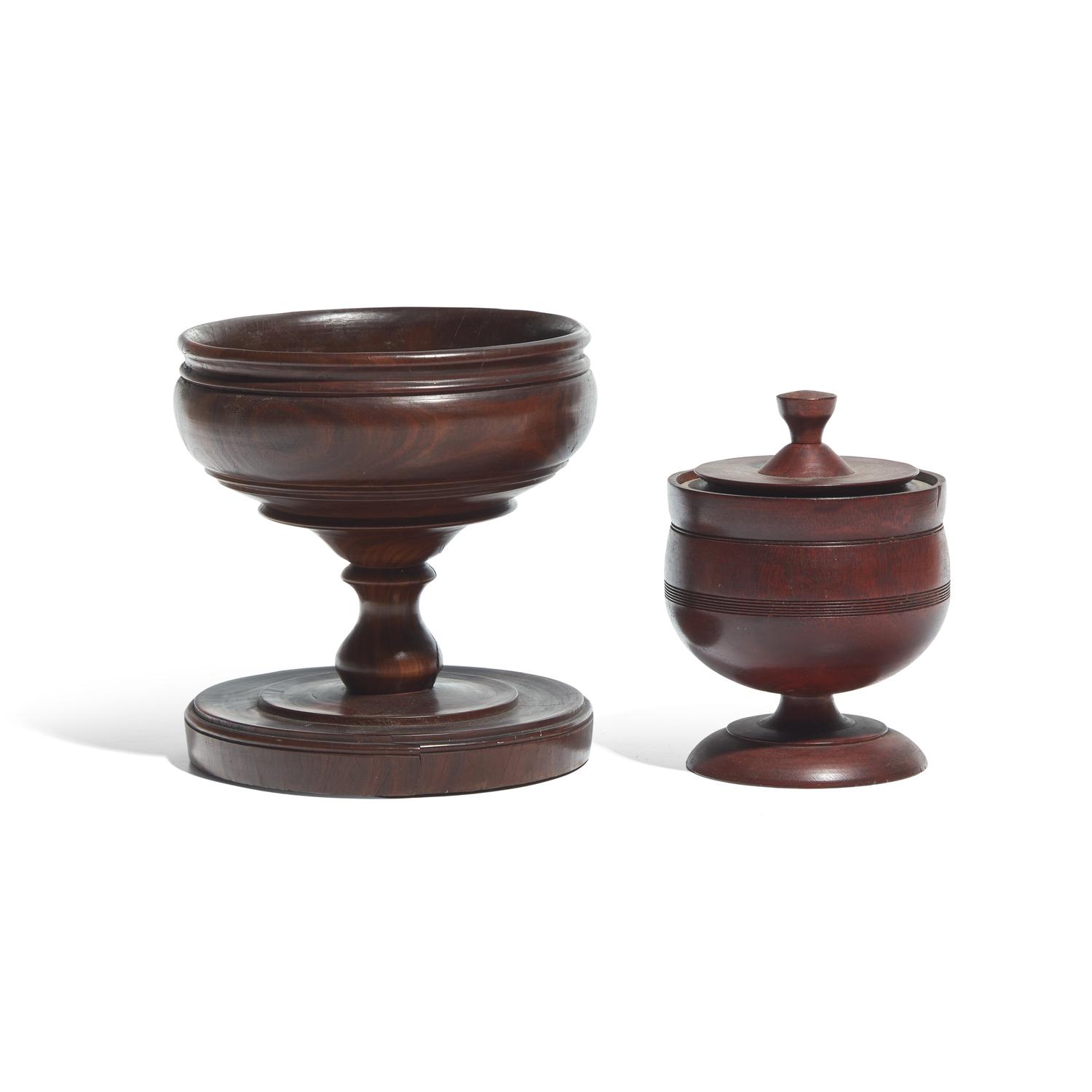 A Treenware Footed Bowl and Covered Urn