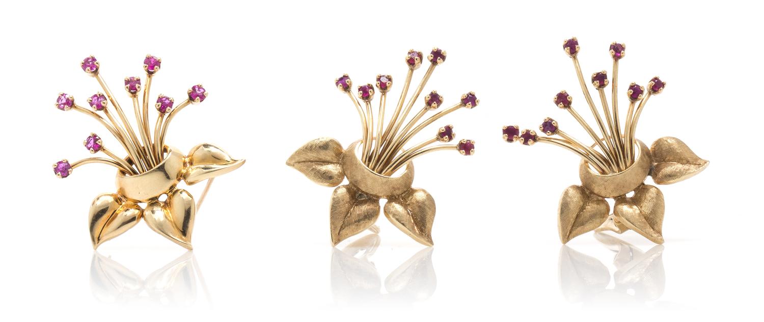 A Yellow Gold and Ruby Floral Demi Parure, 10.50 dwts.