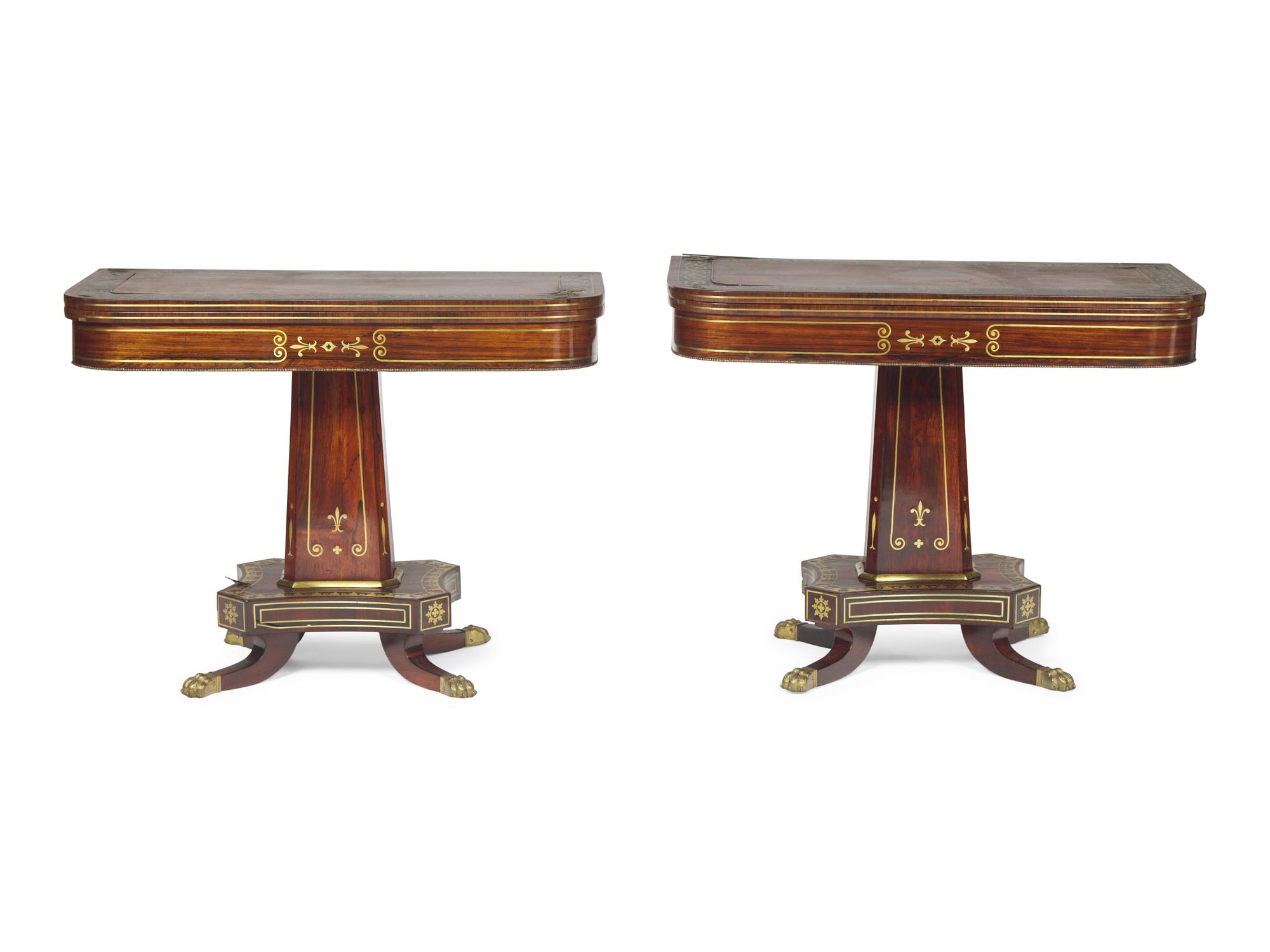 A Pair of Regency Brass-Inlaid Rosewood Flip-Top Game Tables