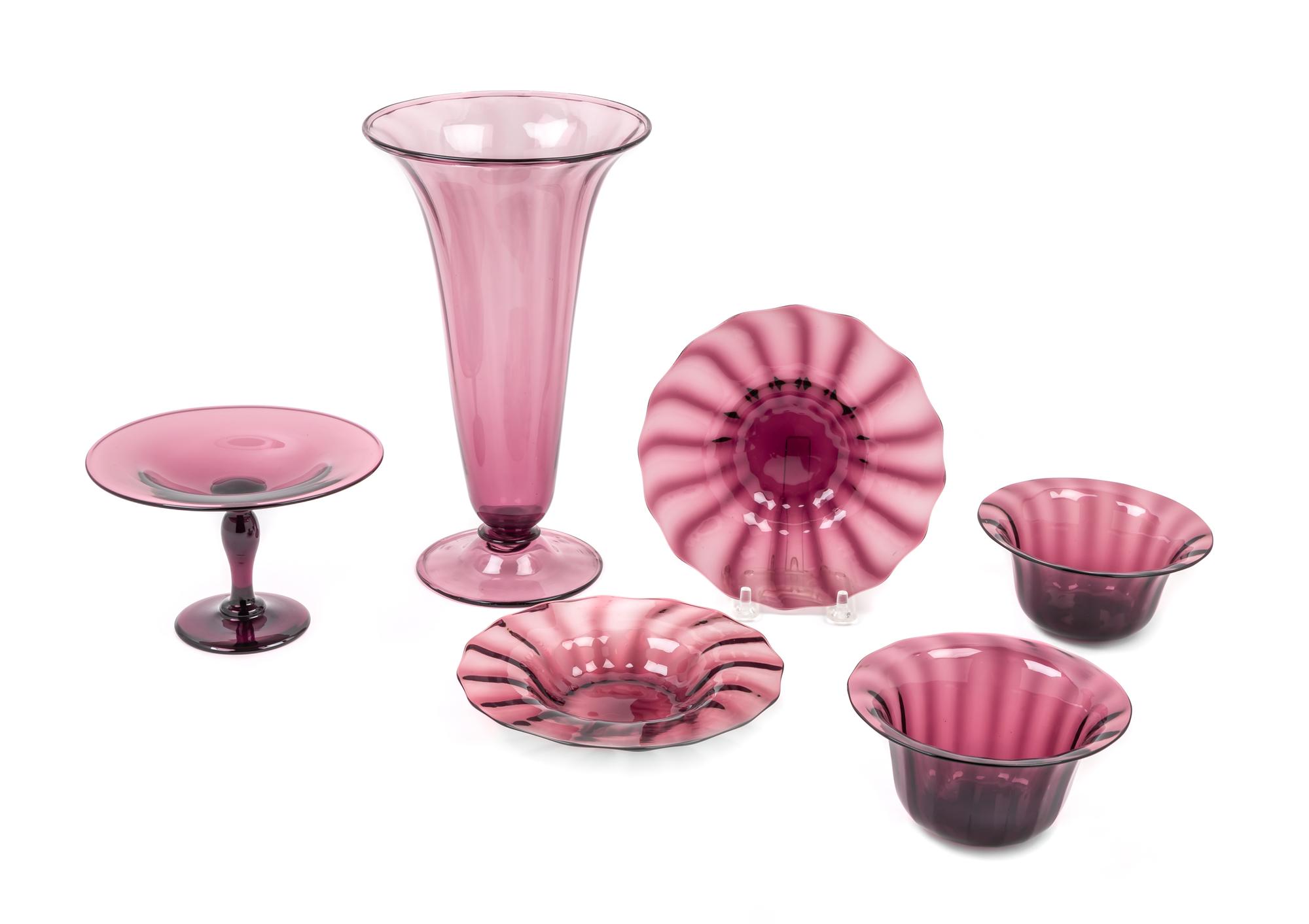 A Group of Six Steuben Amethyst Tableware Objects Height of tallest 9 3/4 inches. — 20TH CENTURY