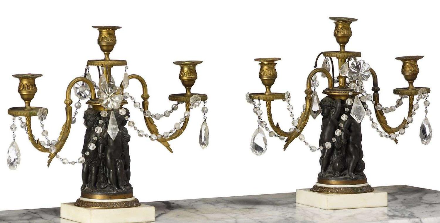 Pair of bronze, marble and gilt metal three-light candelabra french, 19th century
