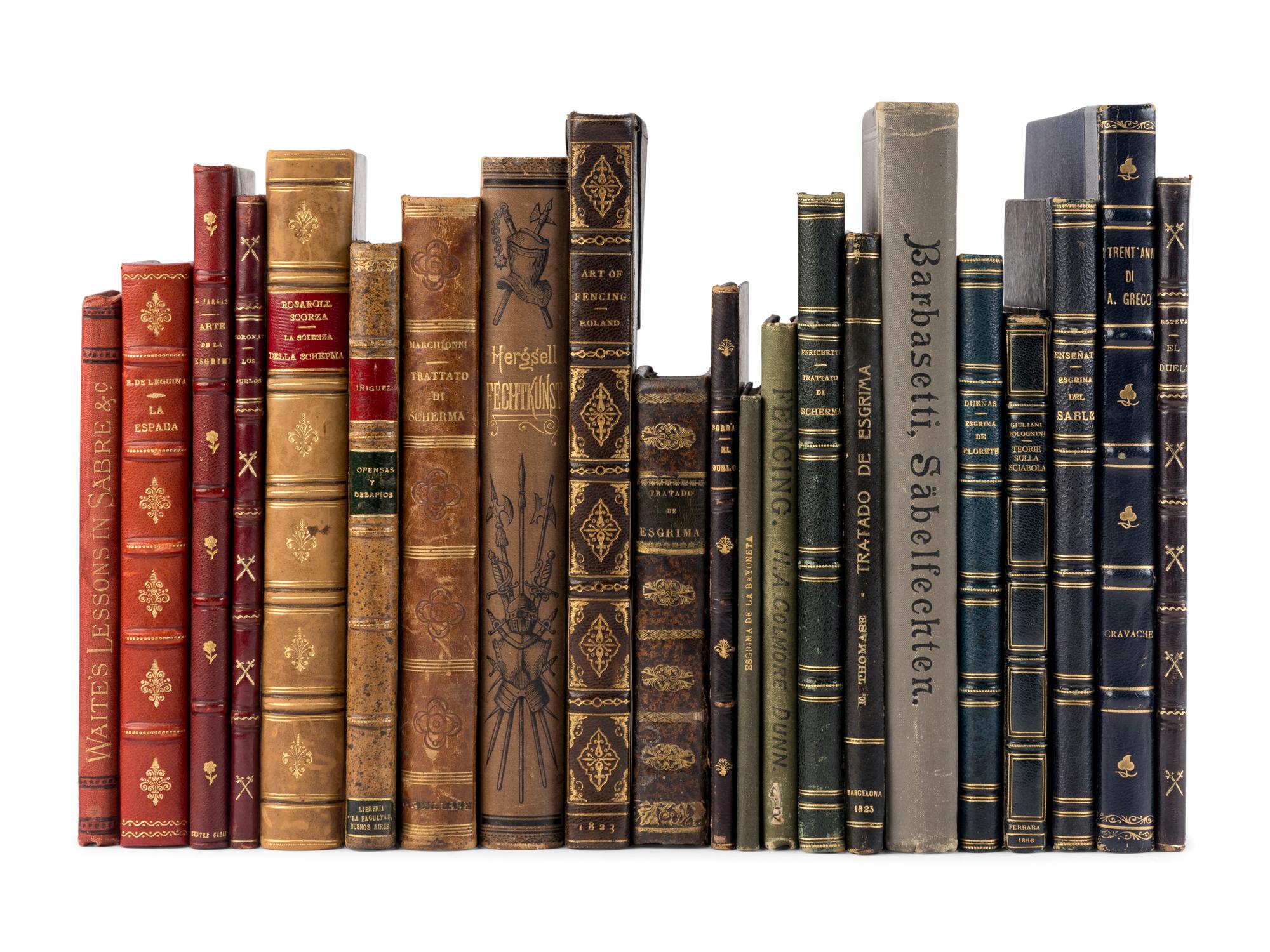 [FENCING]. A group of approximately 76 volumes about fencing in English, German, Italian, and Spanish, including: