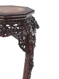 A Chinese Marble Inset Carved Hardwood Pedestal