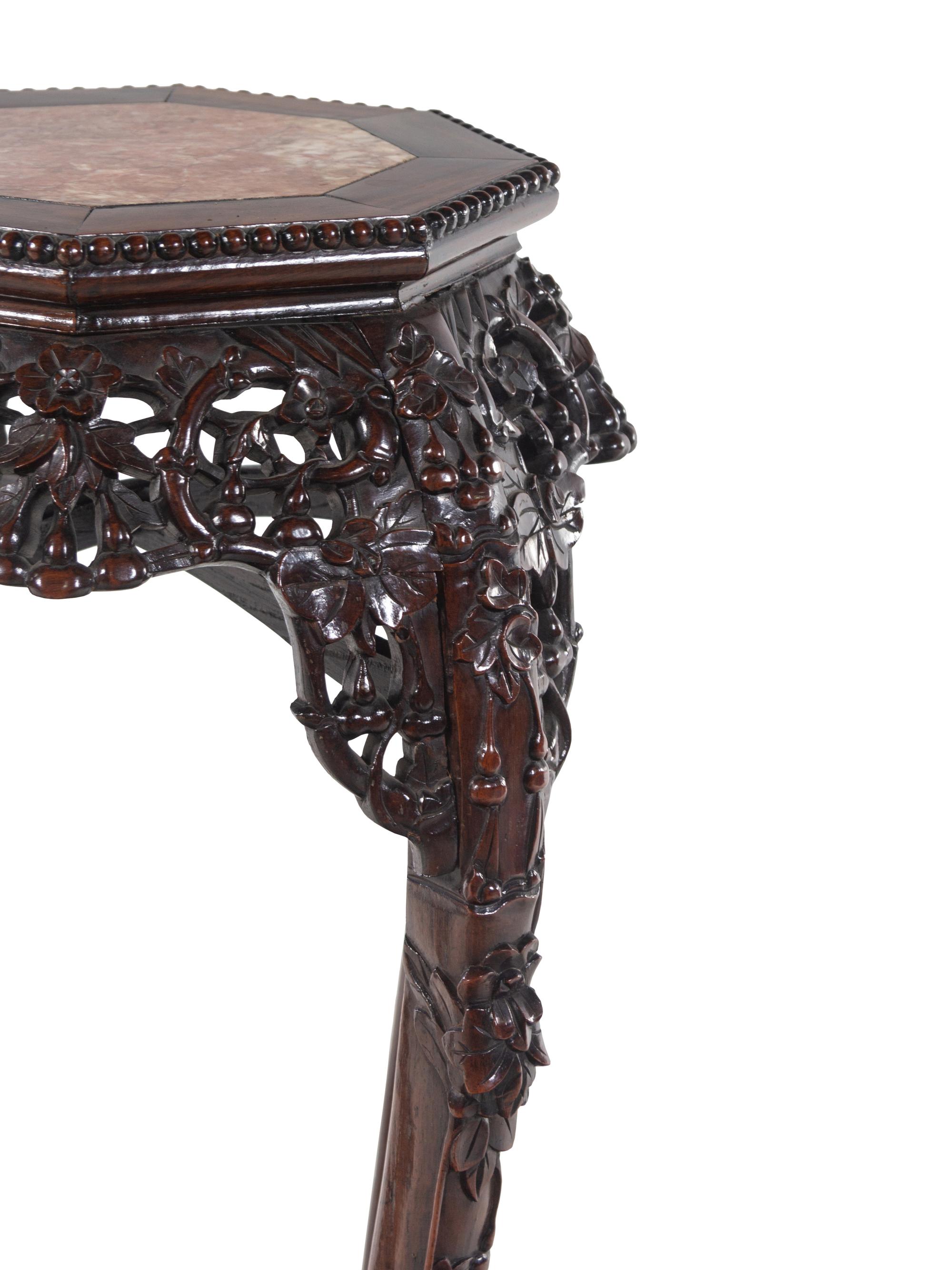 A Chinese Marble Inset Carved Hardwood Pedestal