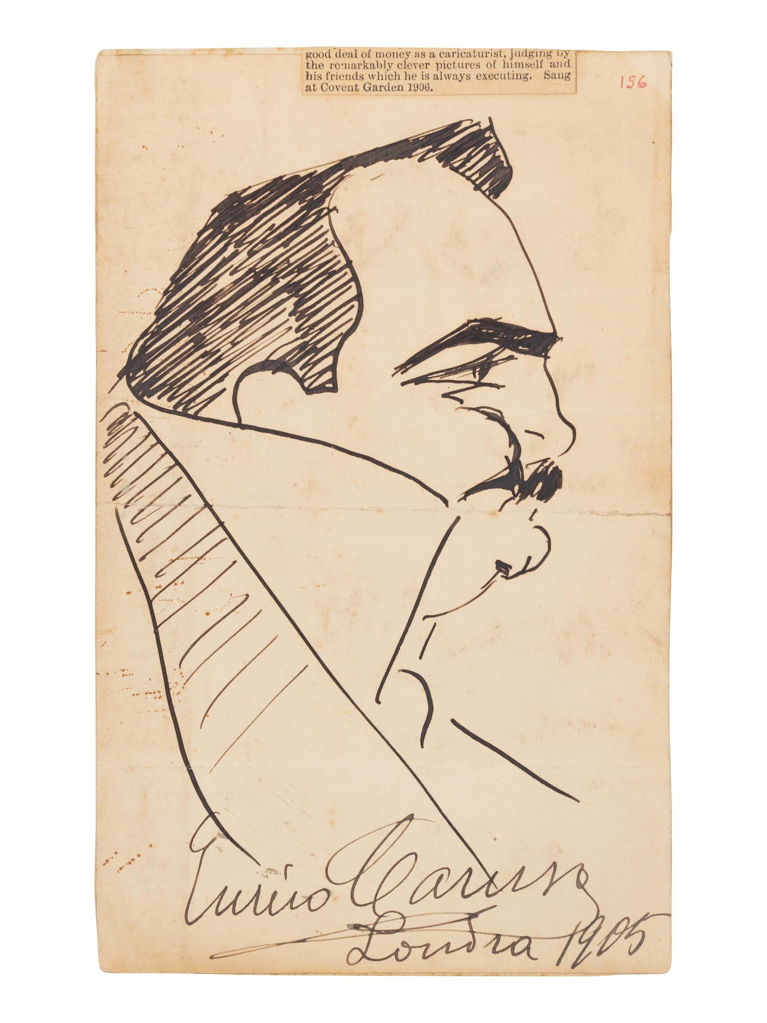 CARUSO, Enrico (1873-1921). Original drawing, self portrait profile caricature, in pen and ink, signed and dated lower margin ("Enrico Caruso Londra 1905").