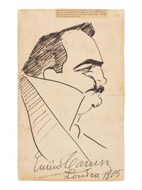CARUSO, Enrico (1873-1921). Original drawing, self portrait profile caricature, in pen and ink, signed and dated lower margin ("Enrico Caruso Londra 1905").