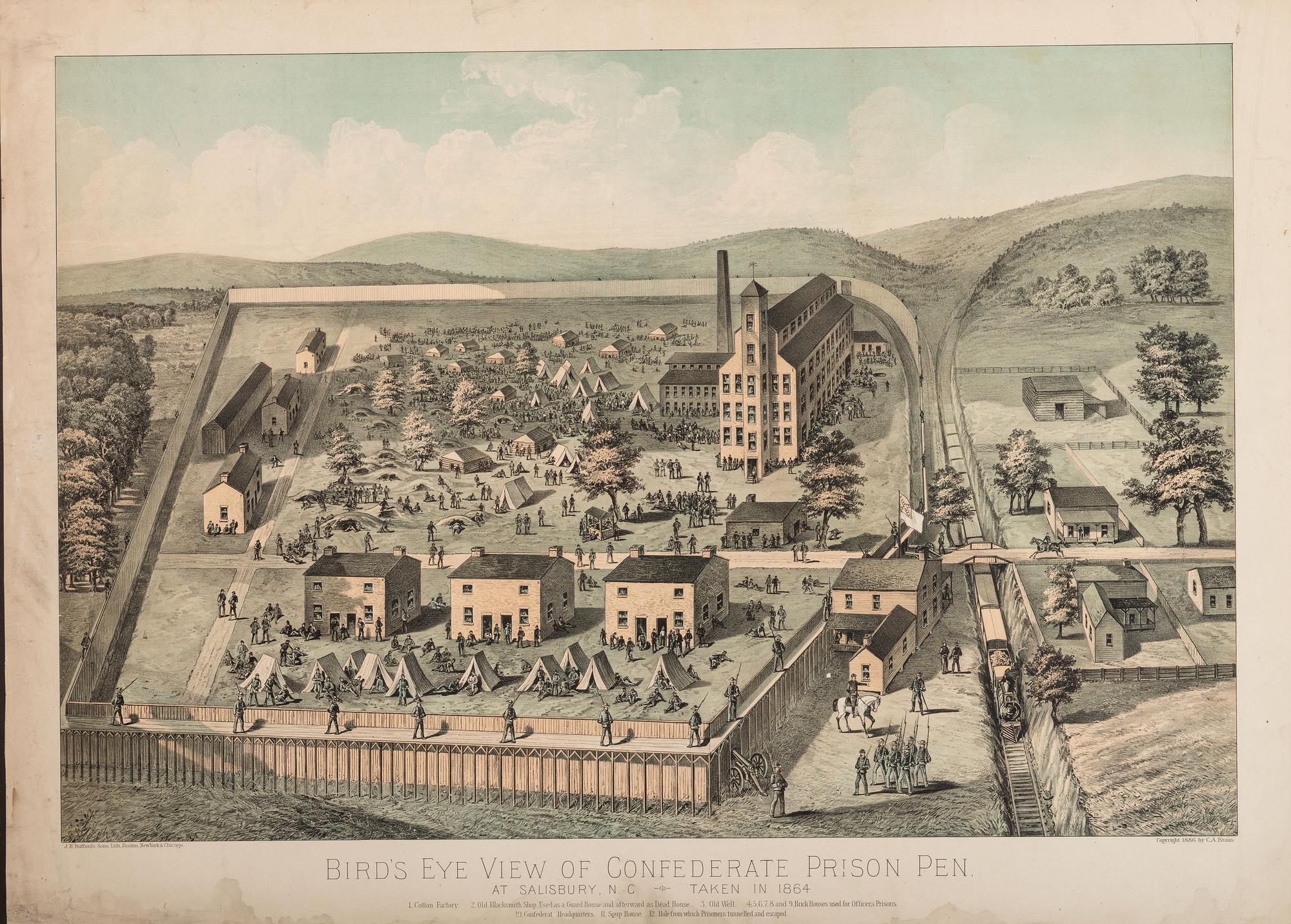 [CIVIL WAR]. KRAUS, C.A., artist. J.H. BUFFORD & SONS, lithographers. Confederate Prison Pen at Salisbury, North Carolina. Taken in 1864.