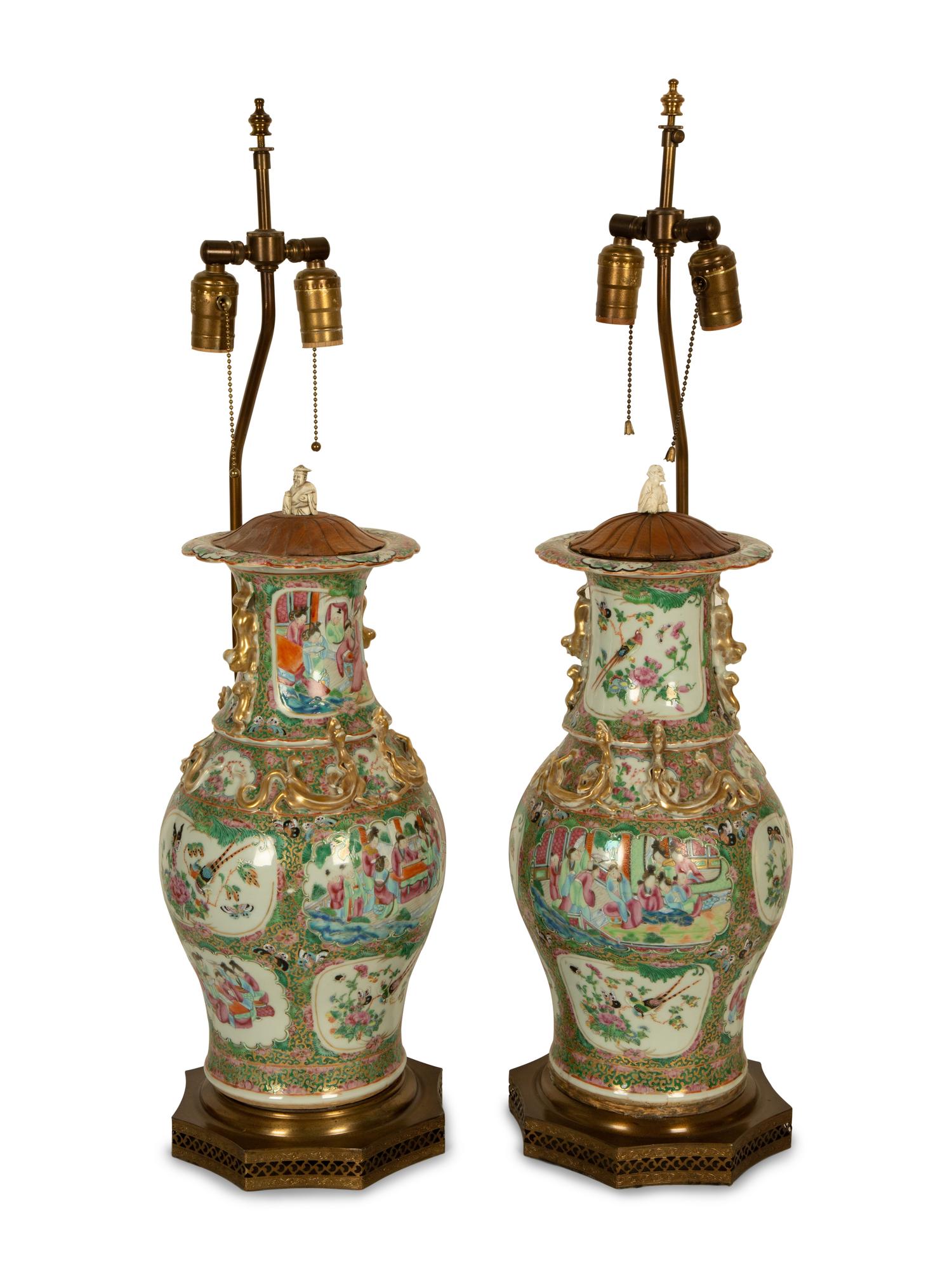 A Pair of Chinese Rose Medallion Porcelain Vases Mounted on Brass Lamp Stands