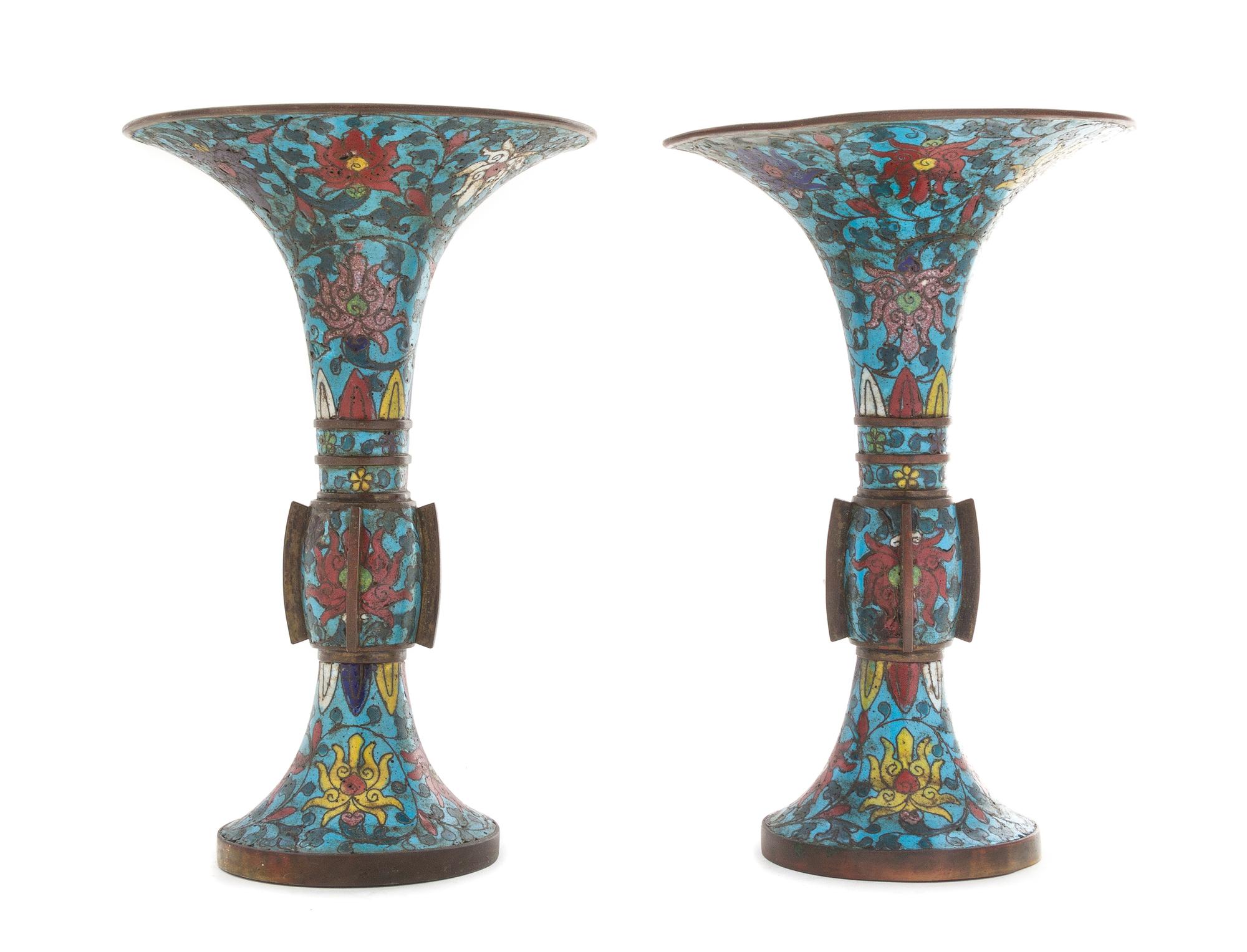 A Pair of Cloisonne Enamel Gu Vases Height of each 9 1/2 inches. — 19TH CENTURY