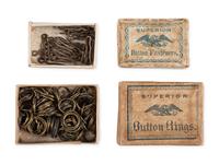 Civil War-period 1861 patent button polisher, button rings, fasteners, and buttons.