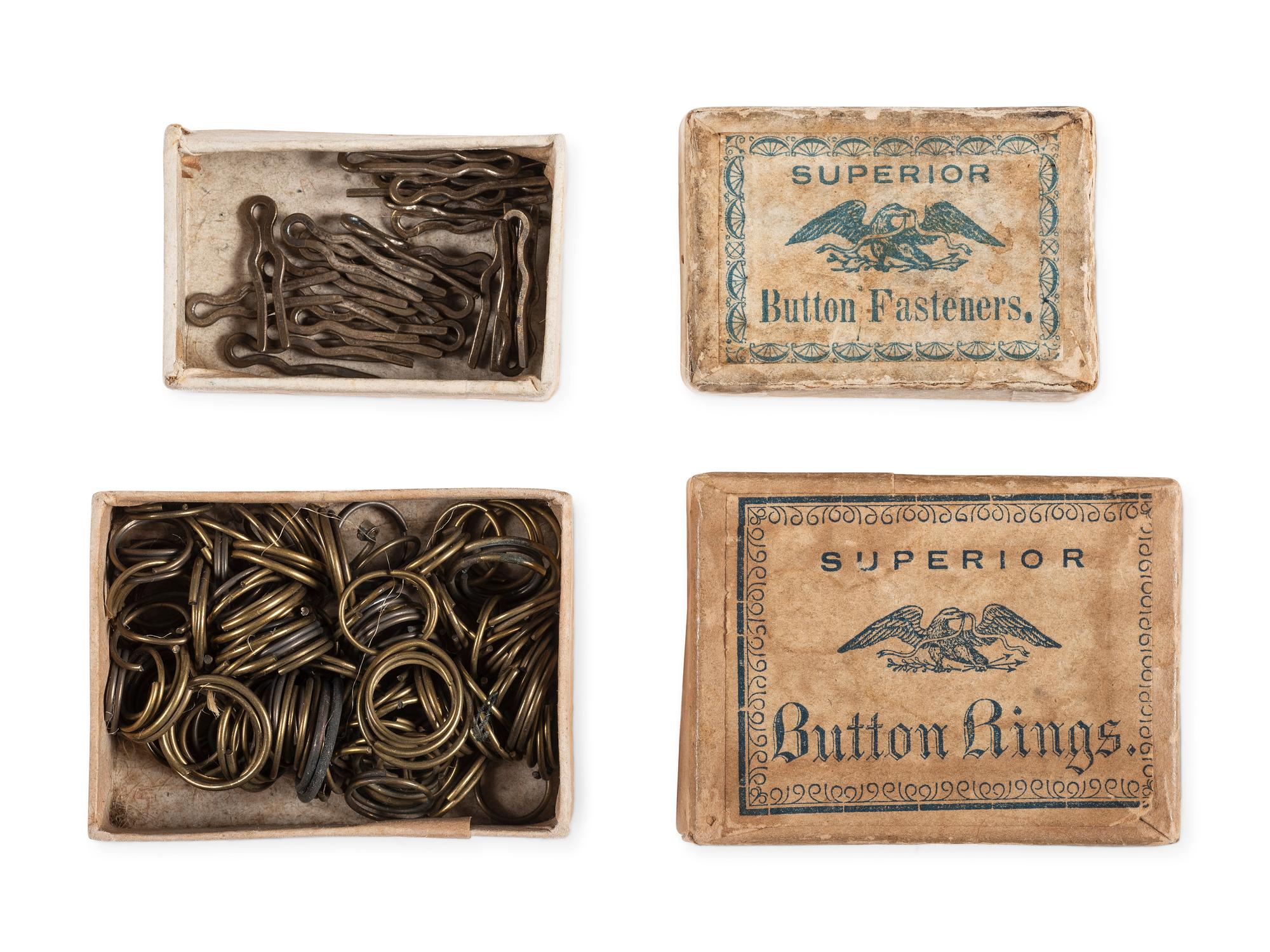 Civil War-period 1861 patent button polisher, button rings, fasteners, and buttons.