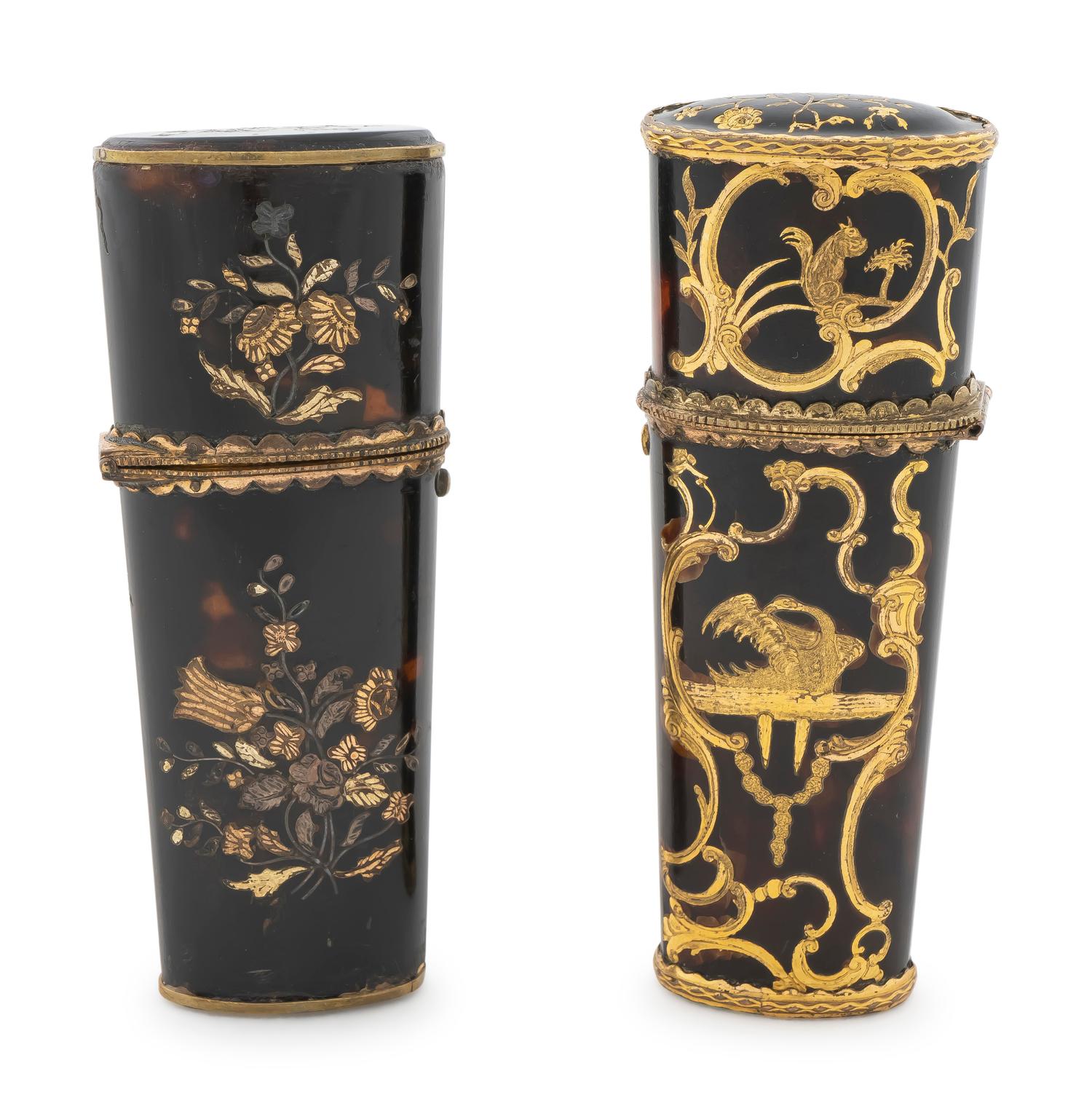 Two Gilt Metal Inlaid Tortoise Shell Etui Cases — 19TH CENTURY